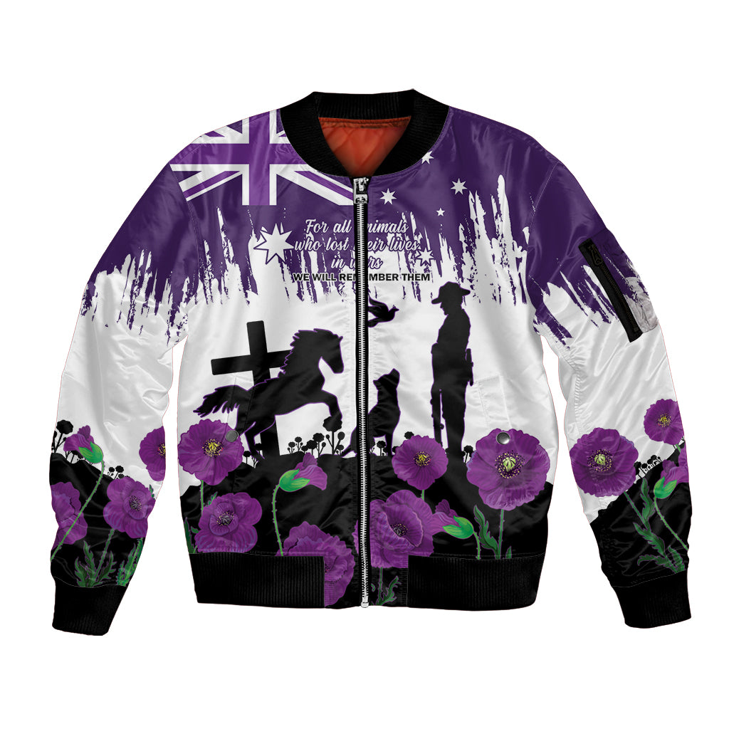 Australia Animal Heroes ANZAC Sleeve Zip Bomber Jacket Purple Poppy We Will Remember Them
