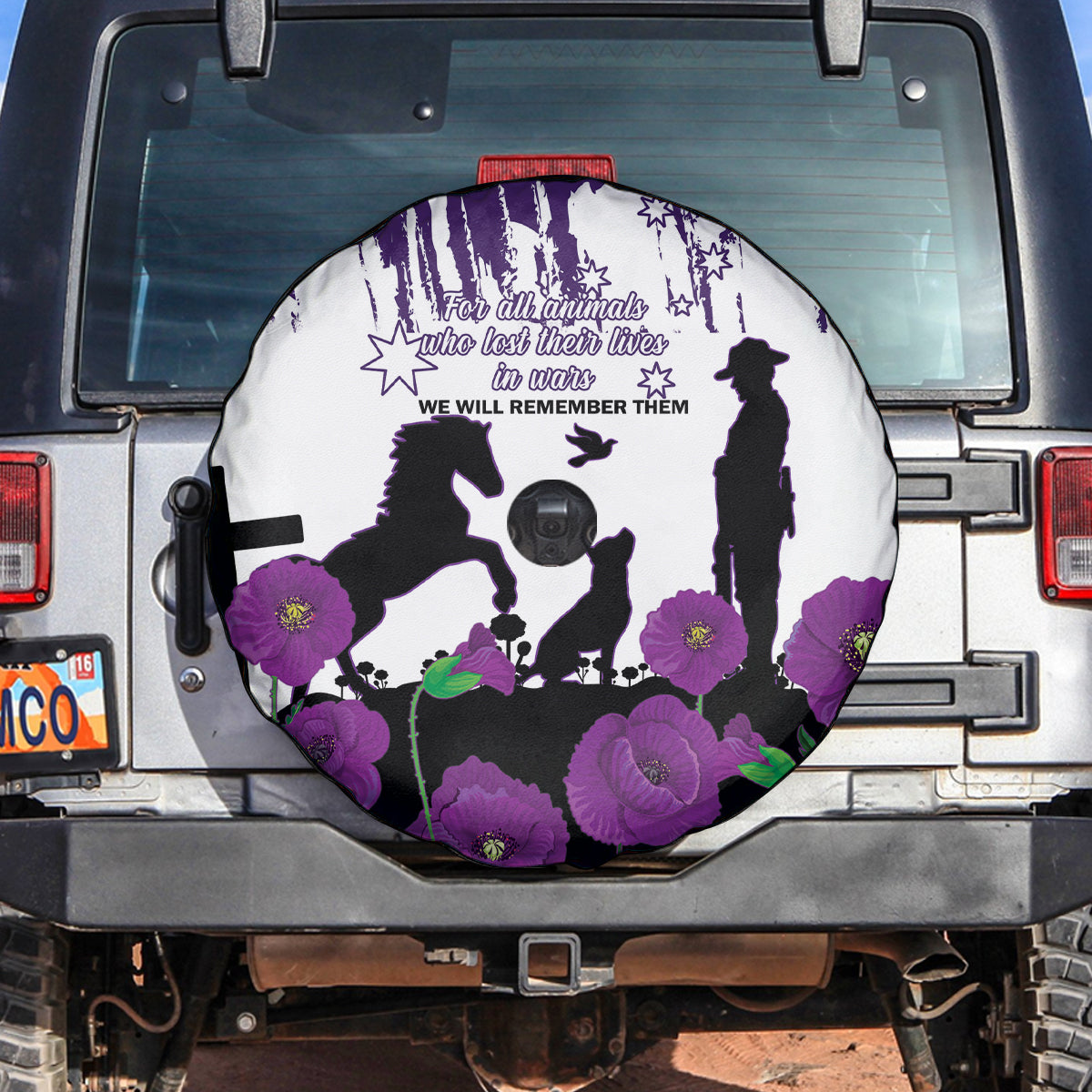 Australia Animal Heroes ANZAC Spare Tire Cover Purple Poppy We Will Remember Them - Vibe Hoodie Shop