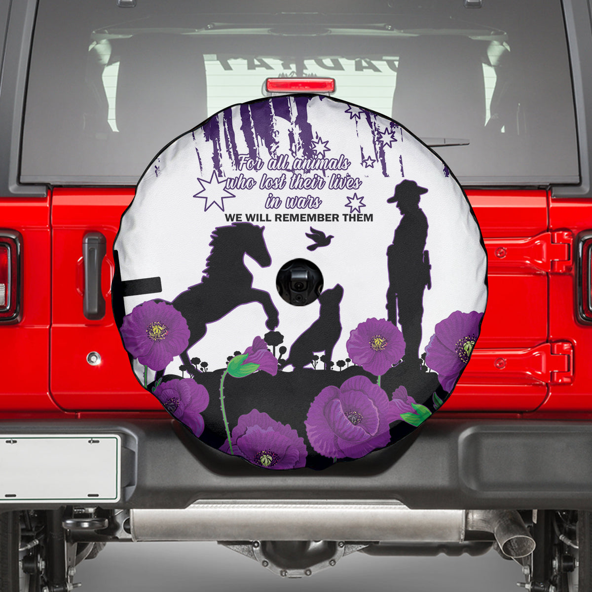 Australia Animal Heroes ANZAC Spare Tire Cover Purple Poppy We Will Remember Them - Vibe Hoodie Shop