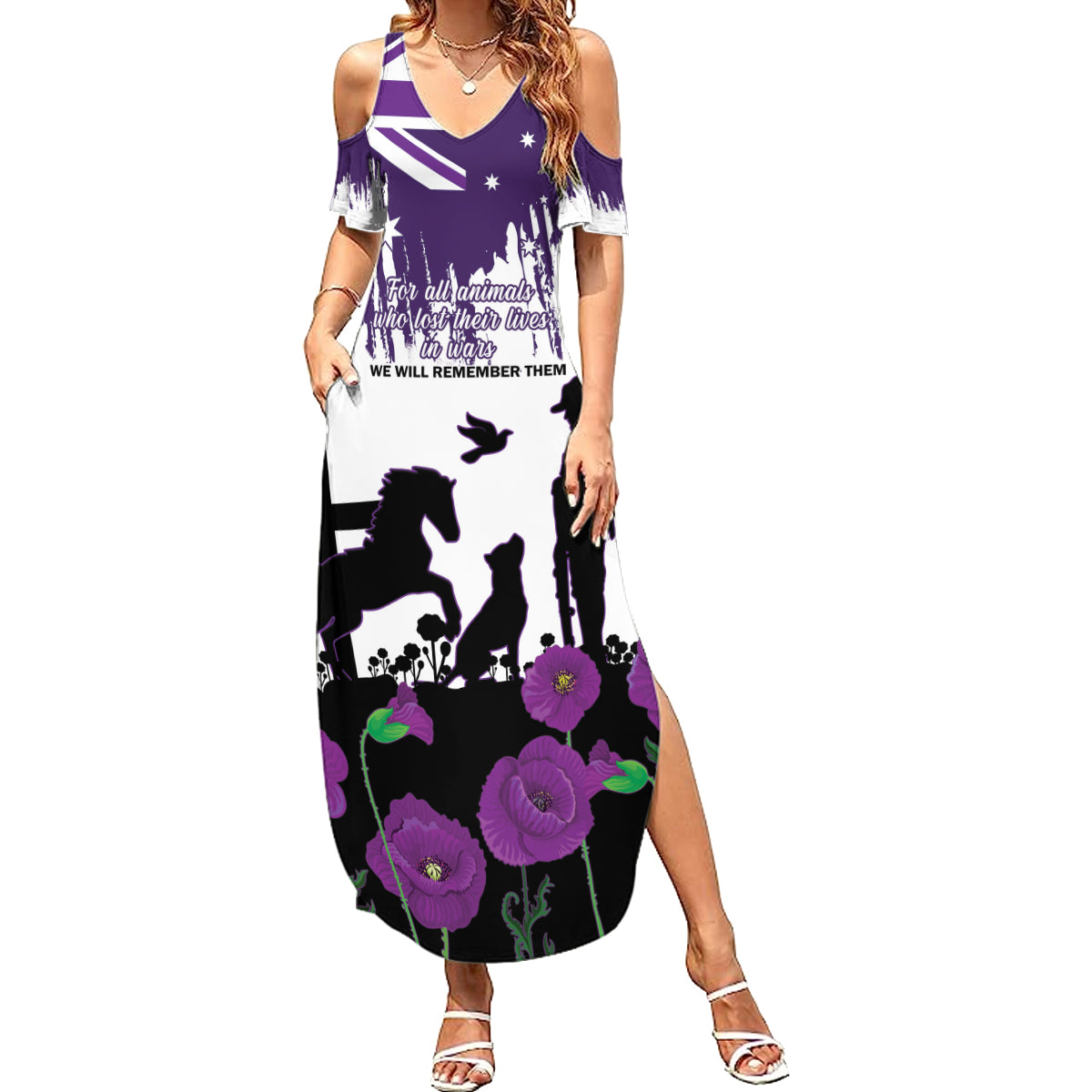 Australia Animal Heroes ANZAC Summer Maxi Dress Purple Poppy We Will Remember Them