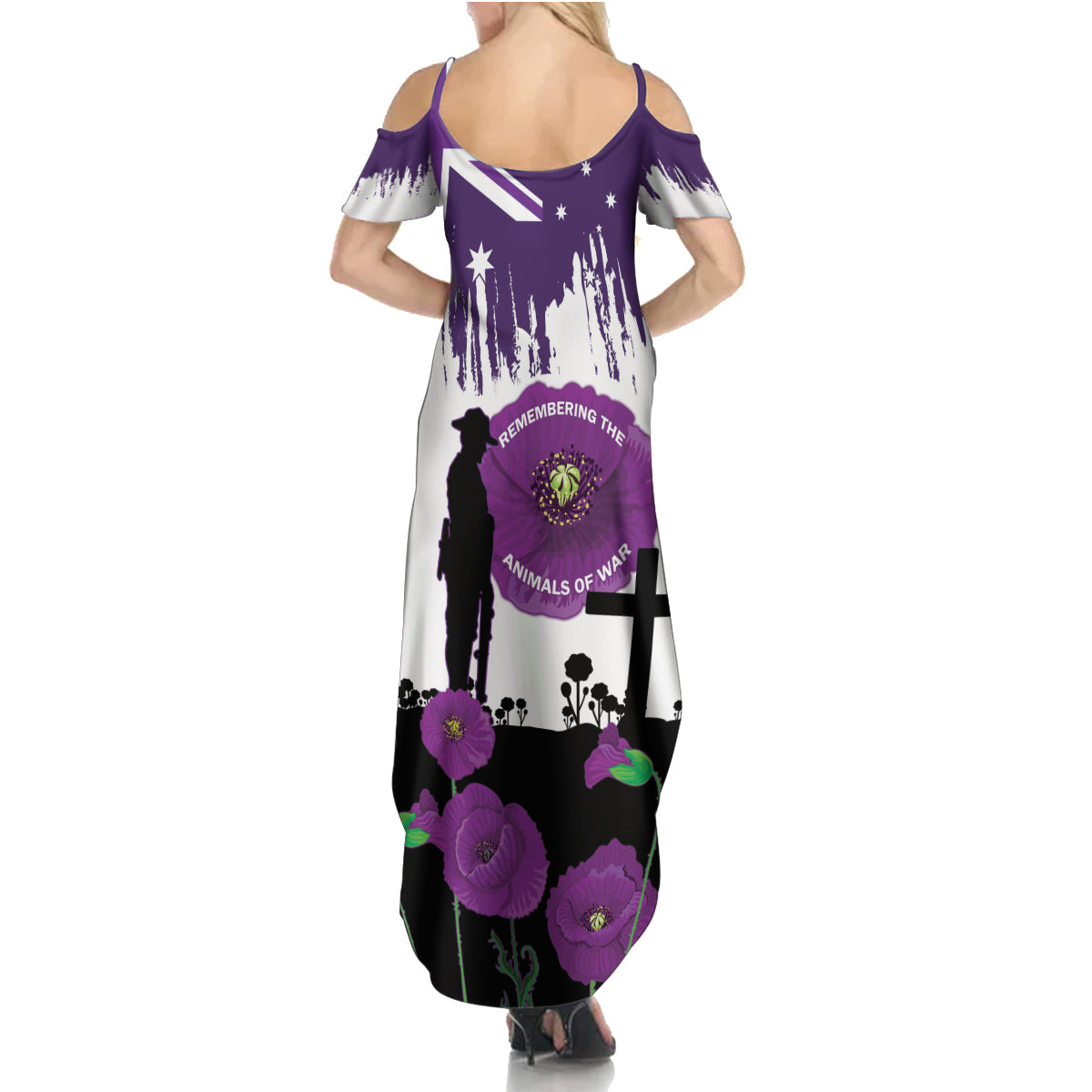 Australia Animal Heroes ANZAC Summer Maxi Dress Purple Poppy We Will Remember Them