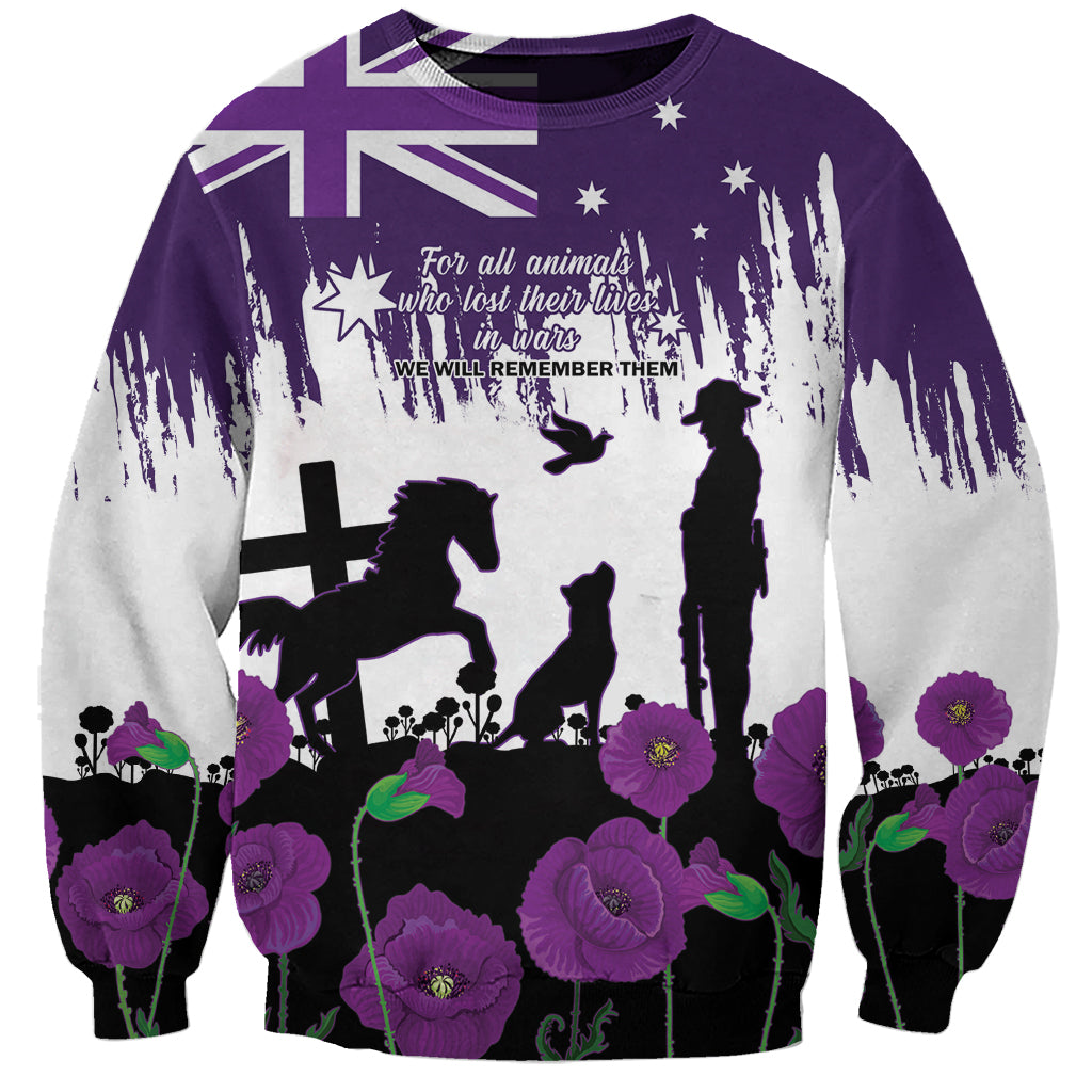 Australia Animal Heroes ANZAC Sweatshirt Purple Poppy We Will Remember Them - Vibe Hoodie Shop