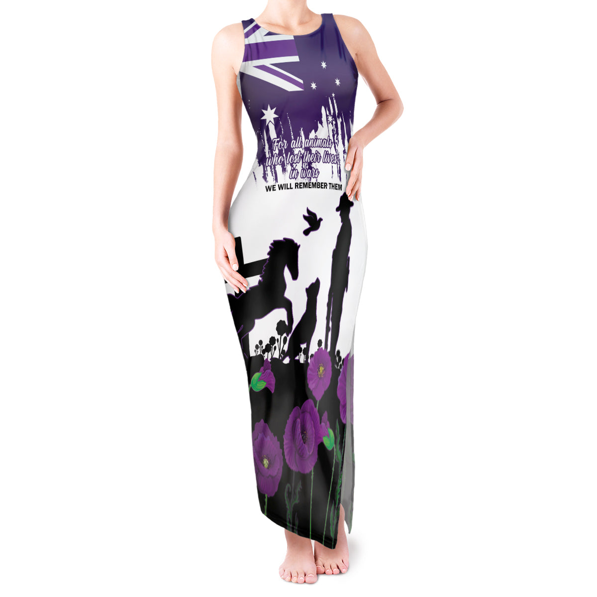 Australia Animal Heroes ANZAC Tank Maxi Dress Purple Poppy We Will Remember Them
