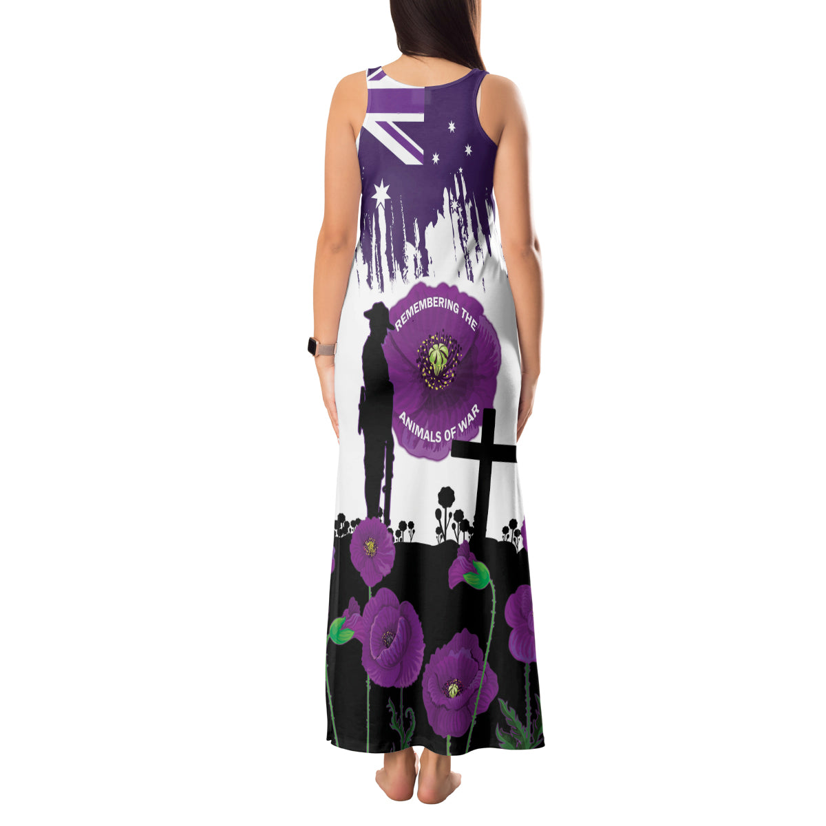 Australia Animal Heroes ANZAC Tank Maxi Dress Purple Poppy We Will Remember Them