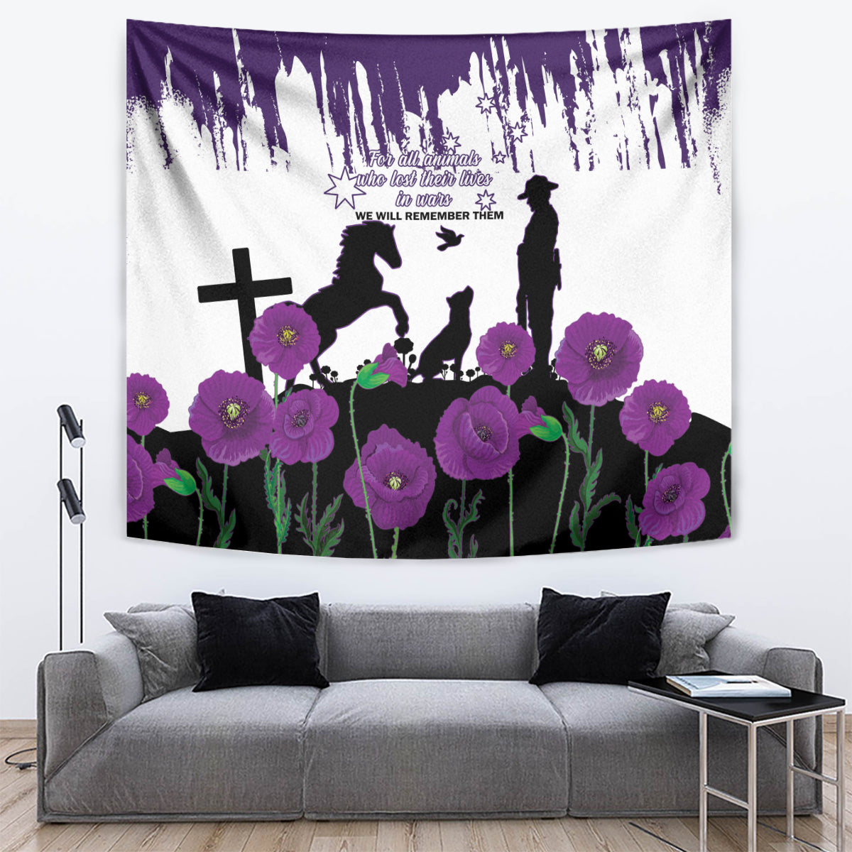 Australia Animal Heroes ANZAC Tapestry Purple Poppy We Will Remember Them - Vibe Hoodie Shop