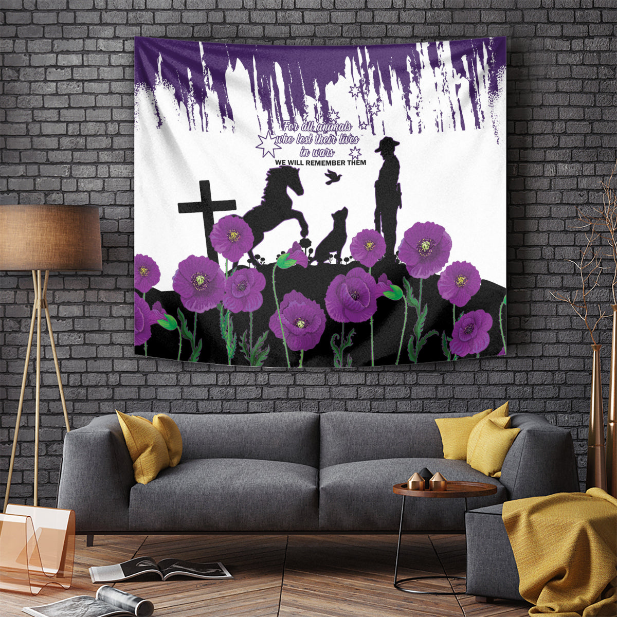 Australia Animal Heroes ANZAC Tapestry Purple Poppy We Will Remember Them - Vibe Hoodie Shop