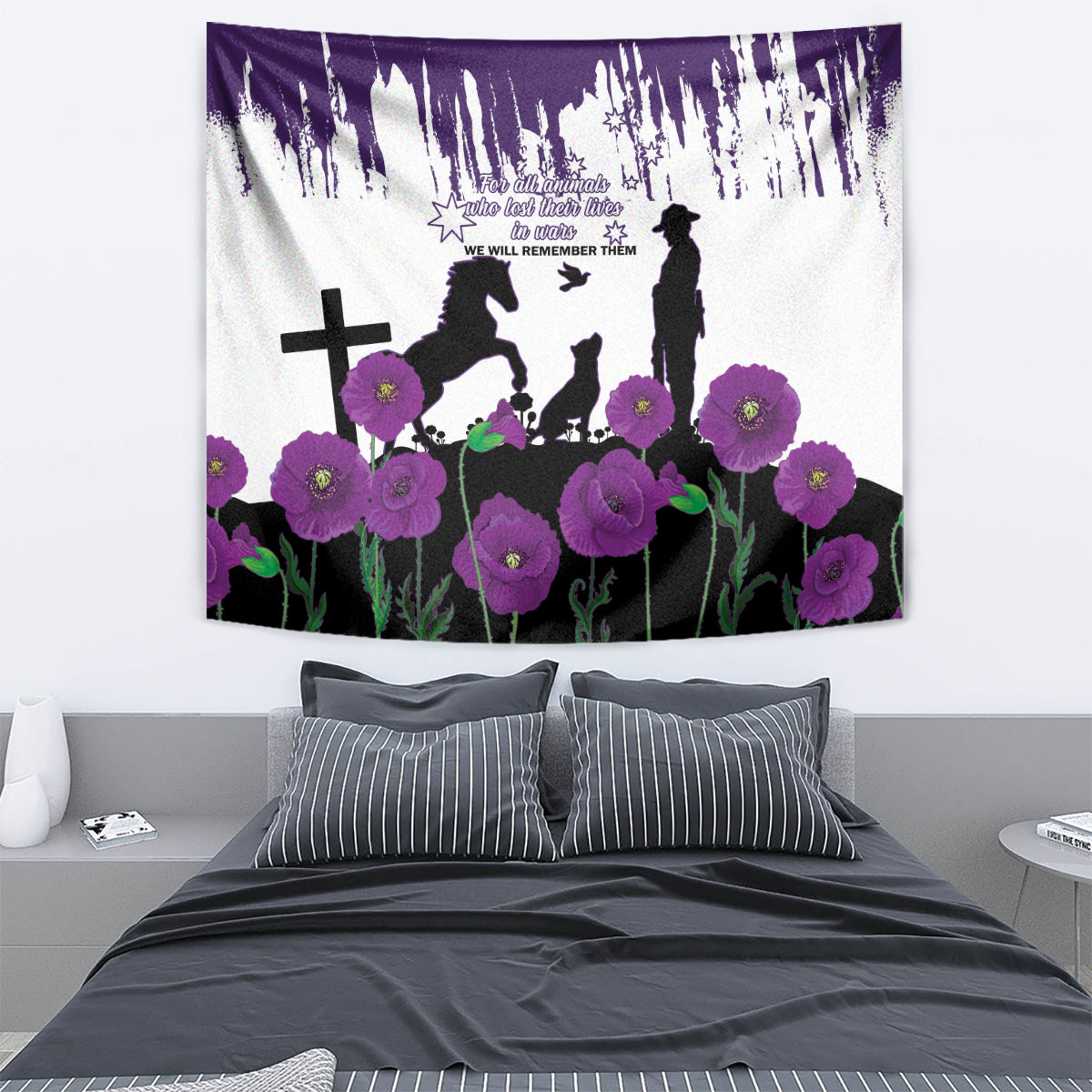 Australia Animal Heroes ANZAC Tapestry Purple Poppy We Will Remember Them - Vibe Hoodie Shop