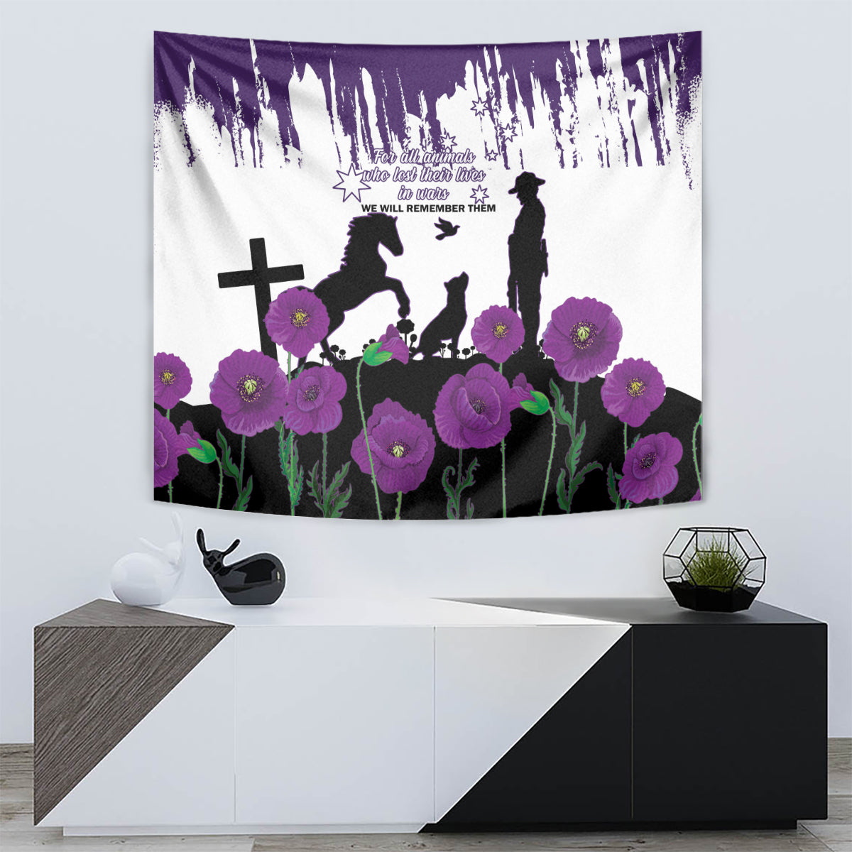 Australia Animal Heroes ANZAC Tapestry Purple Poppy We Will Remember Them - Vibe Hoodie Shop