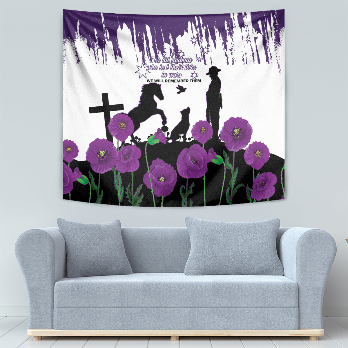 Australia Animal Heroes ANZAC Tapestry Purple Poppy We Will Remember Them - Vibe Hoodie Shop