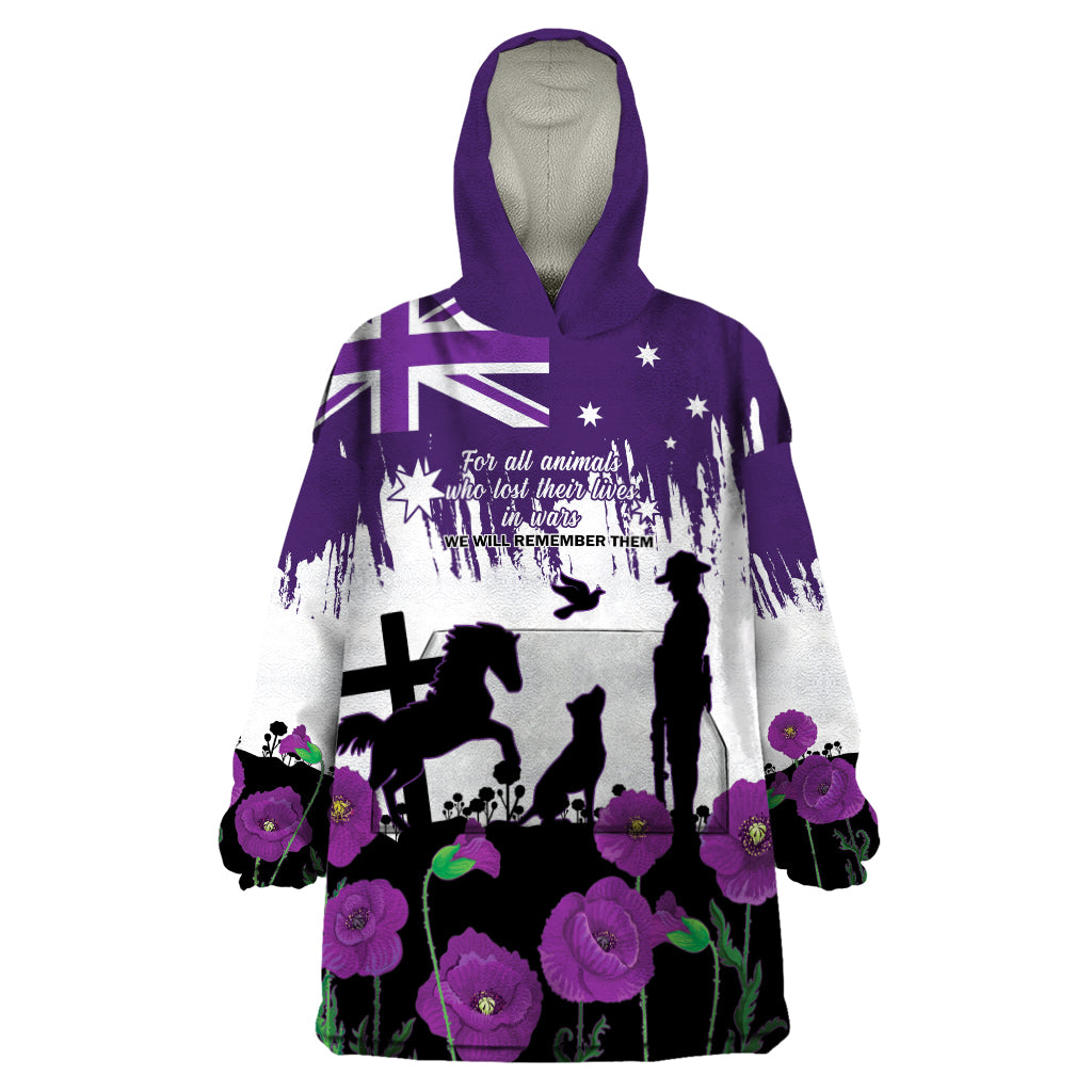 Australia Animal Heroes ANZAC Wearable Blanket Hoodie Purple Poppy We Will Remember Them - Vibe Hoodie Shop