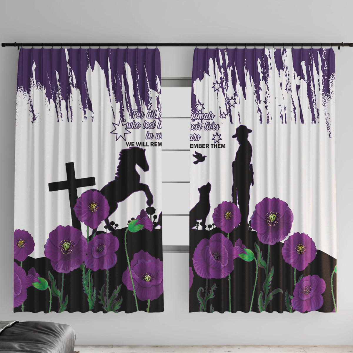 Australia Animal Heroes ANZAC Window Curtain Purple Poppy We Will Remember Them
