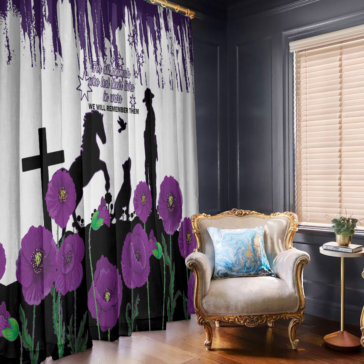 Australia Animal Heroes ANZAC Window Curtain Purple Poppy We Will Remember Them