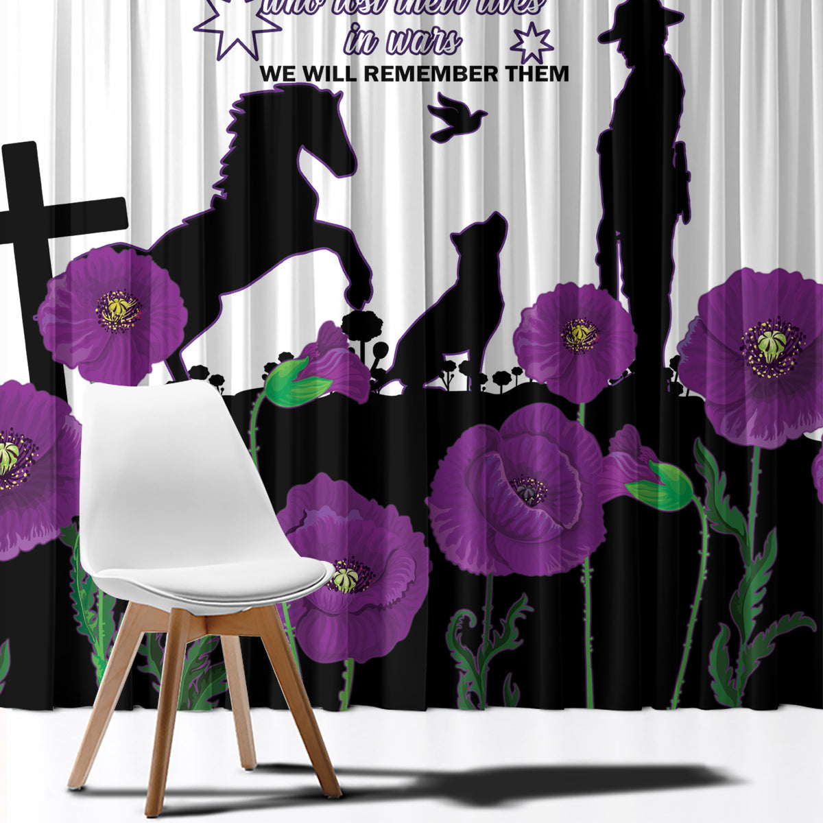 Australia Animal Heroes ANZAC Window Curtain Purple Poppy We Will Remember Them