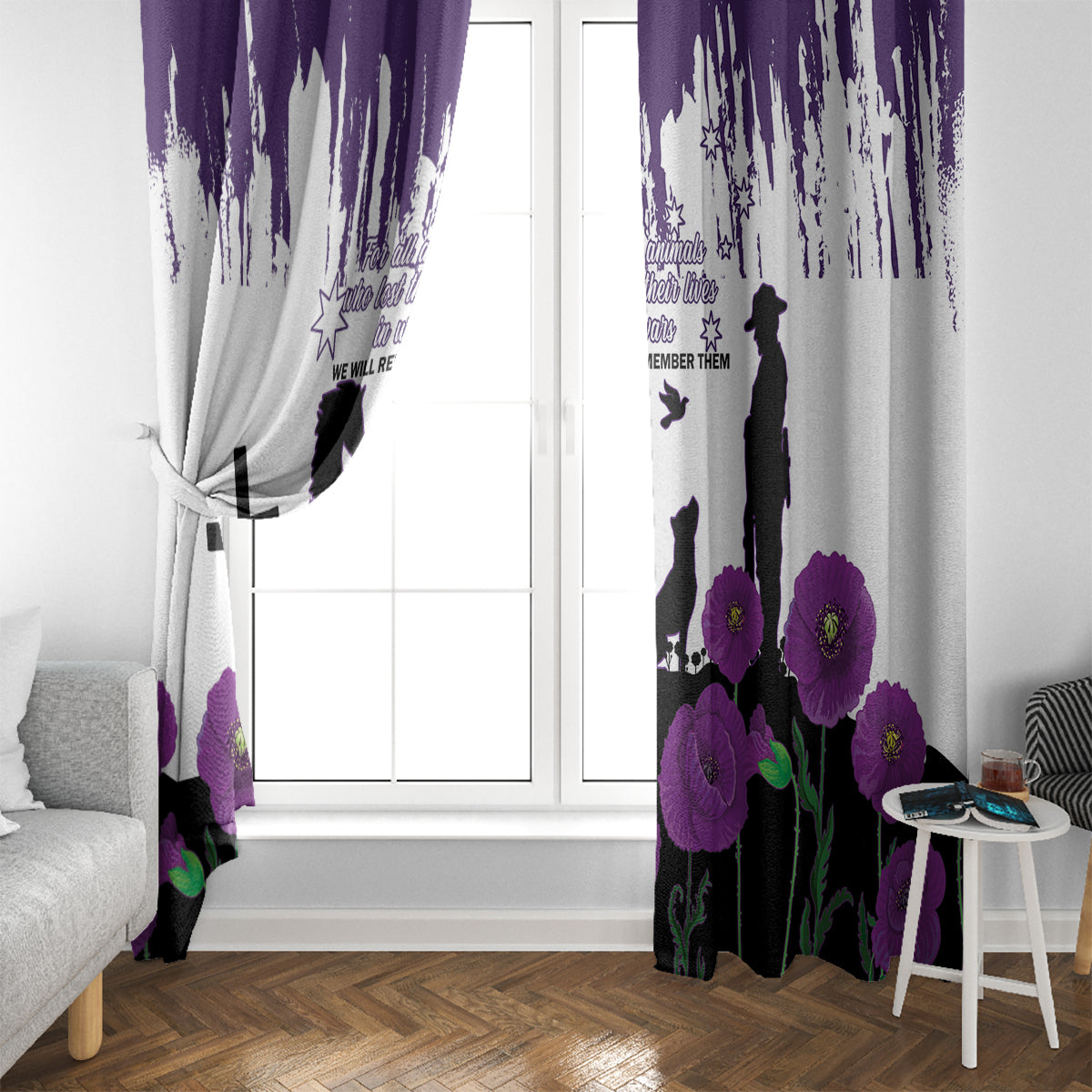 Australia Animal Heroes ANZAC Window Curtain Purple Poppy We Will Remember Them