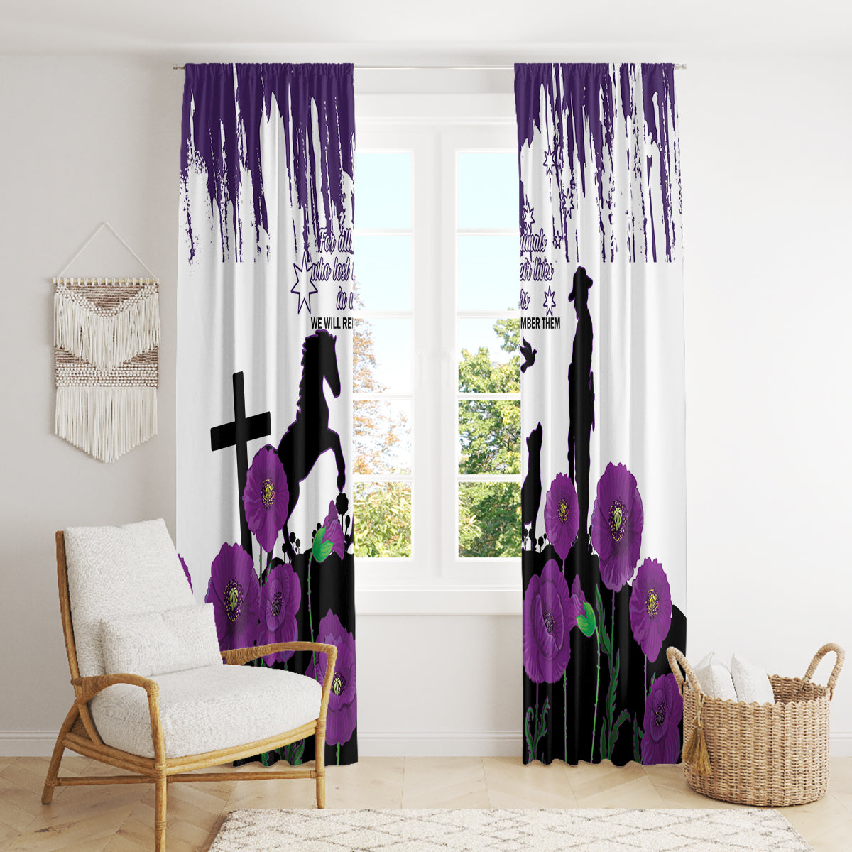 Australia Animal Heroes ANZAC Window Curtain Purple Poppy We Will Remember Them