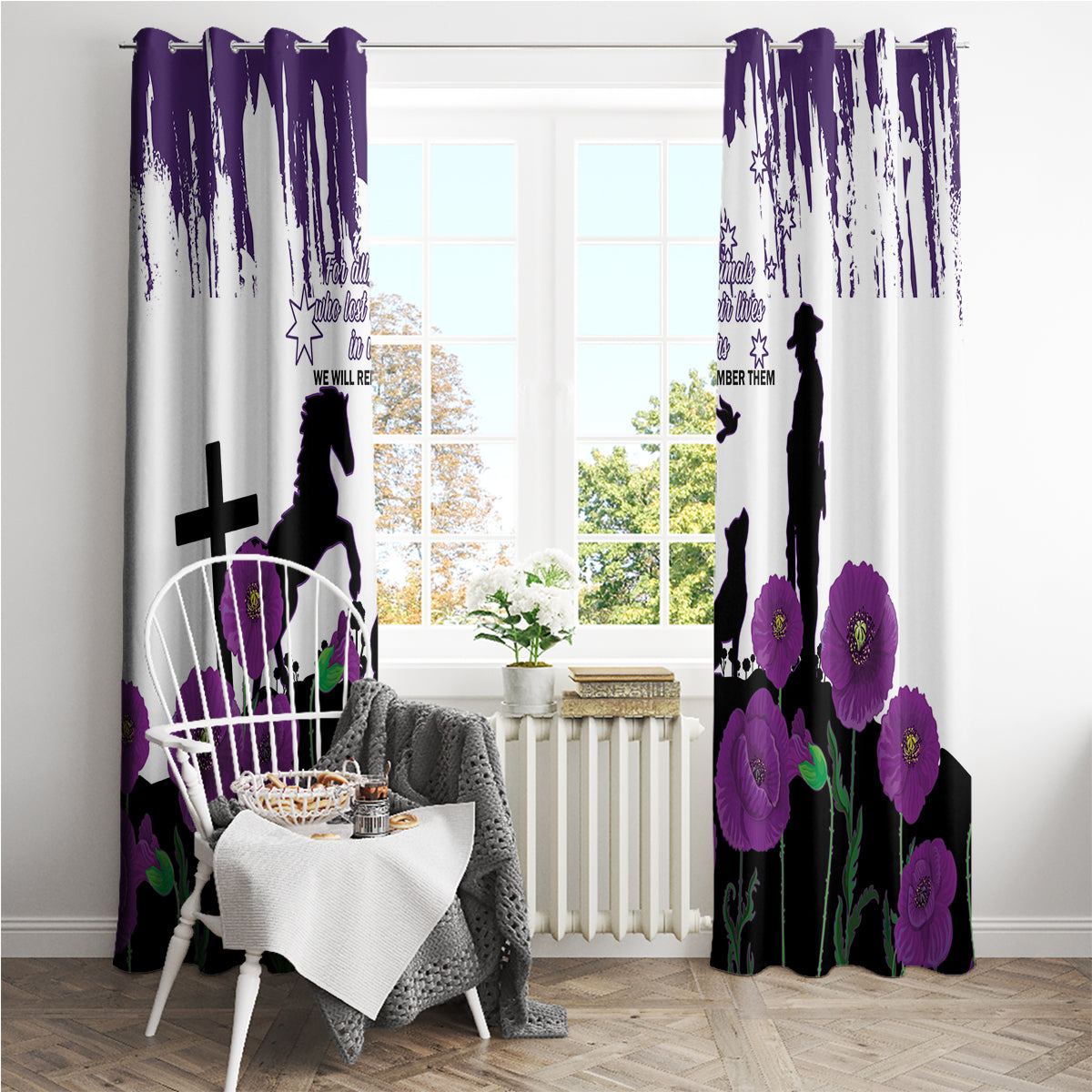 Australia Animal Heroes ANZAC Window Curtain Purple Poppy We Will Remember Them