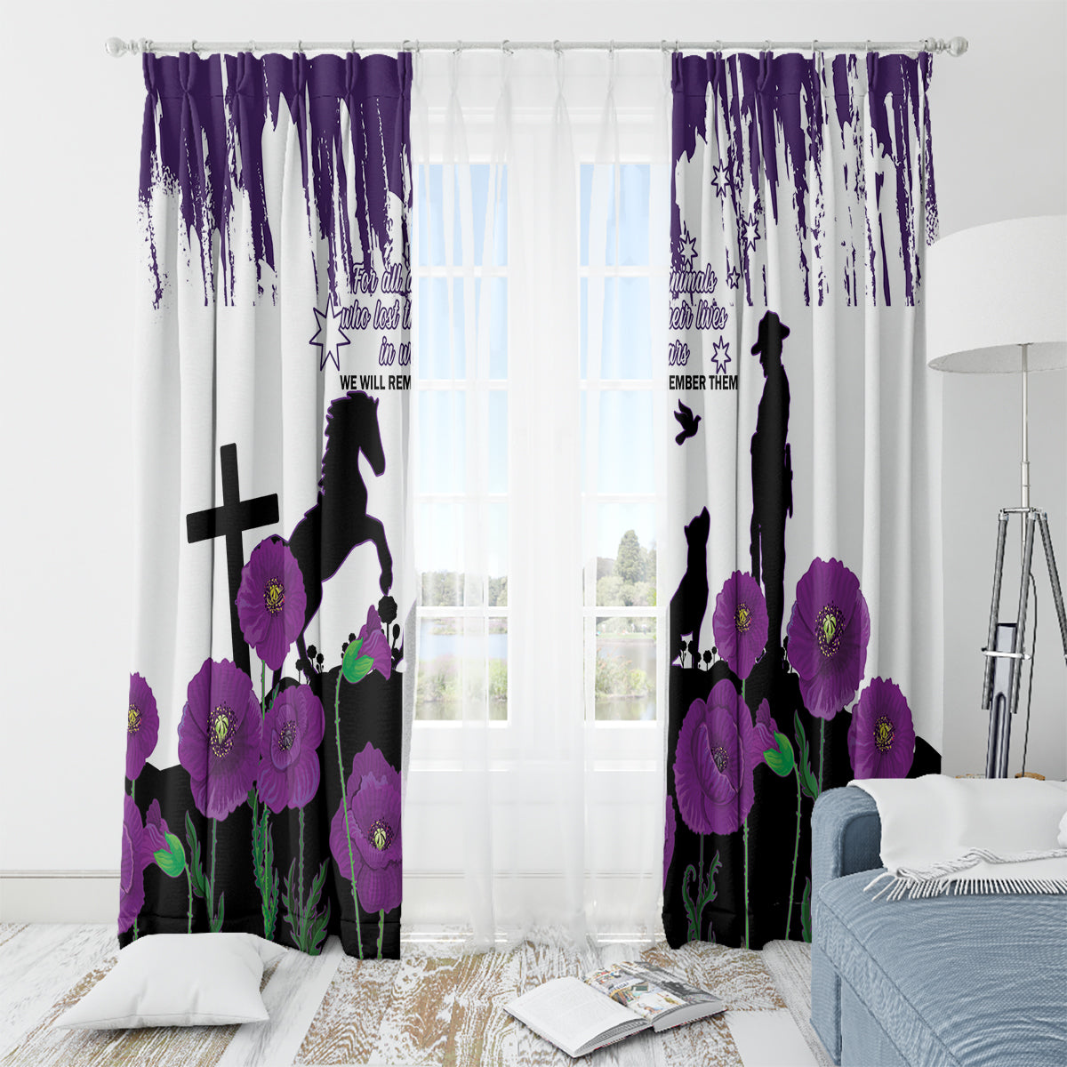 Australia Animal Heroes ANZAC Window Curtain Purple Poppy We Will Remember Them