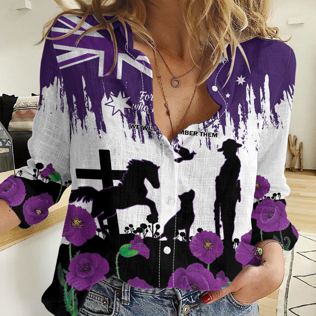 Australia Animal Heroes ANZAC Women Casual Shirt Purple Poppy We Will Remember Them - Vibe Hoodie Shop