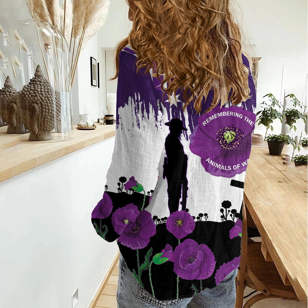 Australia Animal Heroes ANZAC Women Casual Shirt Purple Poppy We Will Remember Them - Vibe Hoodie Shop