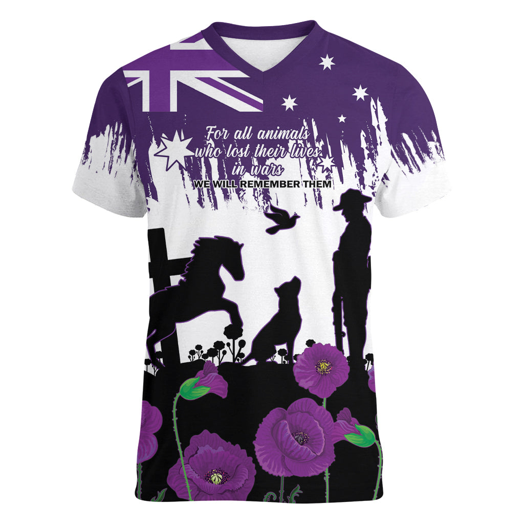 Australia Animal Heroes ANZAC Women V Neck T Shirt Purple Poppy We Will Remember Them - Vibe Hoodie Shop
