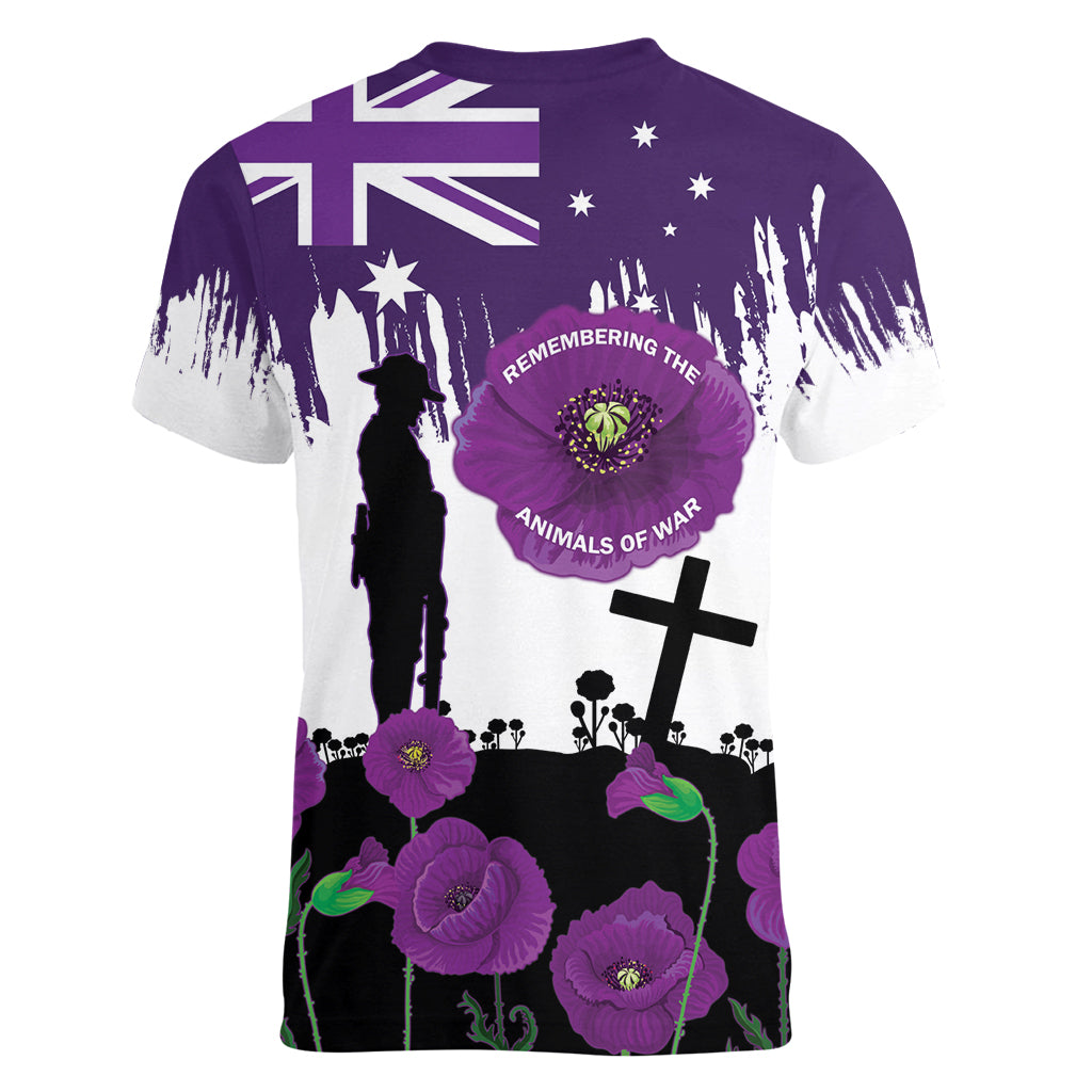 Australia Animal Heroes ANZAC Women V Neck T Shirt Purple Poppy We Will Remember Them - Vibe Hoodie Shop