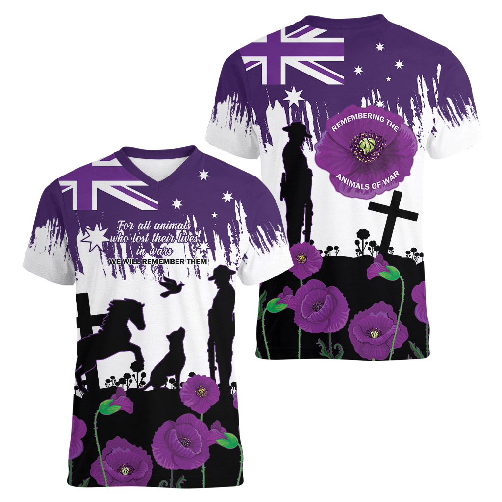 Australia Animal Heroes ANZAC Women V Neck T Shirt Purple Poppy We Will Remember Them - Vibe Hoodie Shop