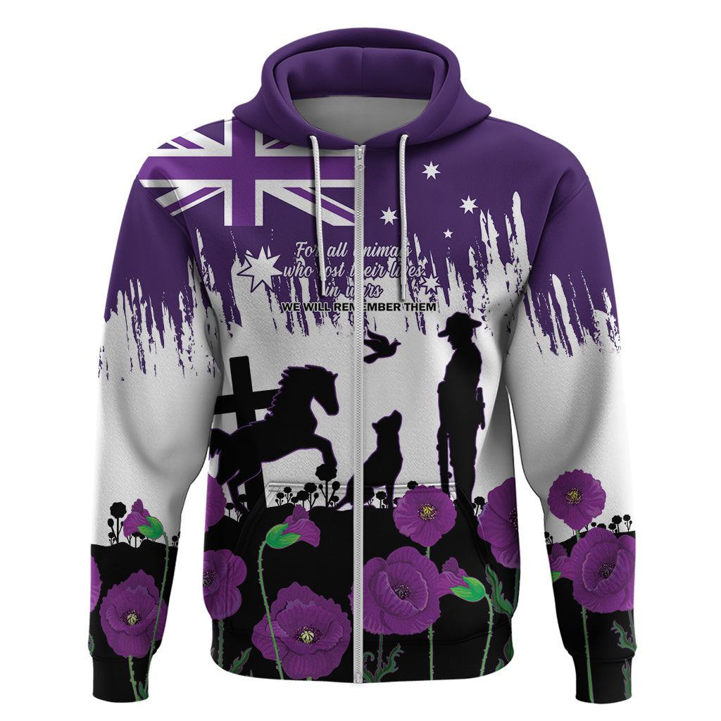 Australia Animal Heroes ANZAC Zip Hoodie Purple Poppy We Will Remember Them - Vibe Hoodie Shop
