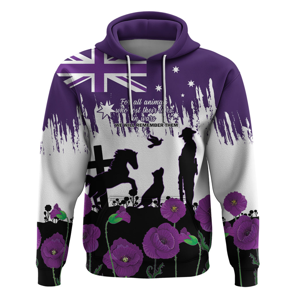 Australia Animal Heroes ANZAC Zip Hoodie Purple Poppy We Will Remember Them - Vibe Hoodie Shop