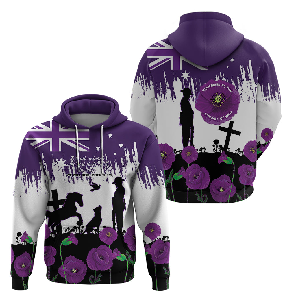 Australia Animal Heroes ANZAC Zip Hoodie Purple Poppy We Will Remember Them - Vibe Hoodie Shop