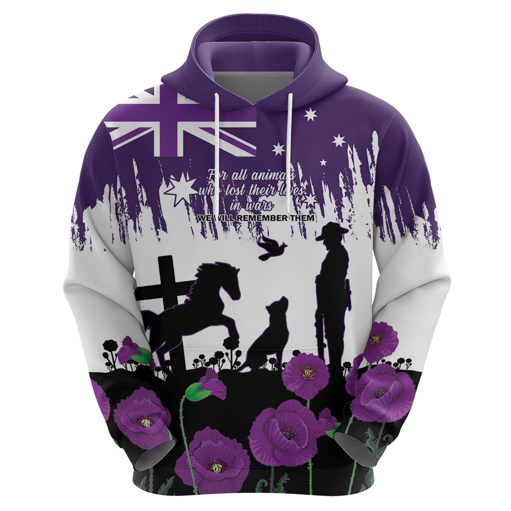 Australia Animal Heroes ANZAC Zip Hoodie Purple Poppy We Will Remember Them - Vibe Hoodie Shop