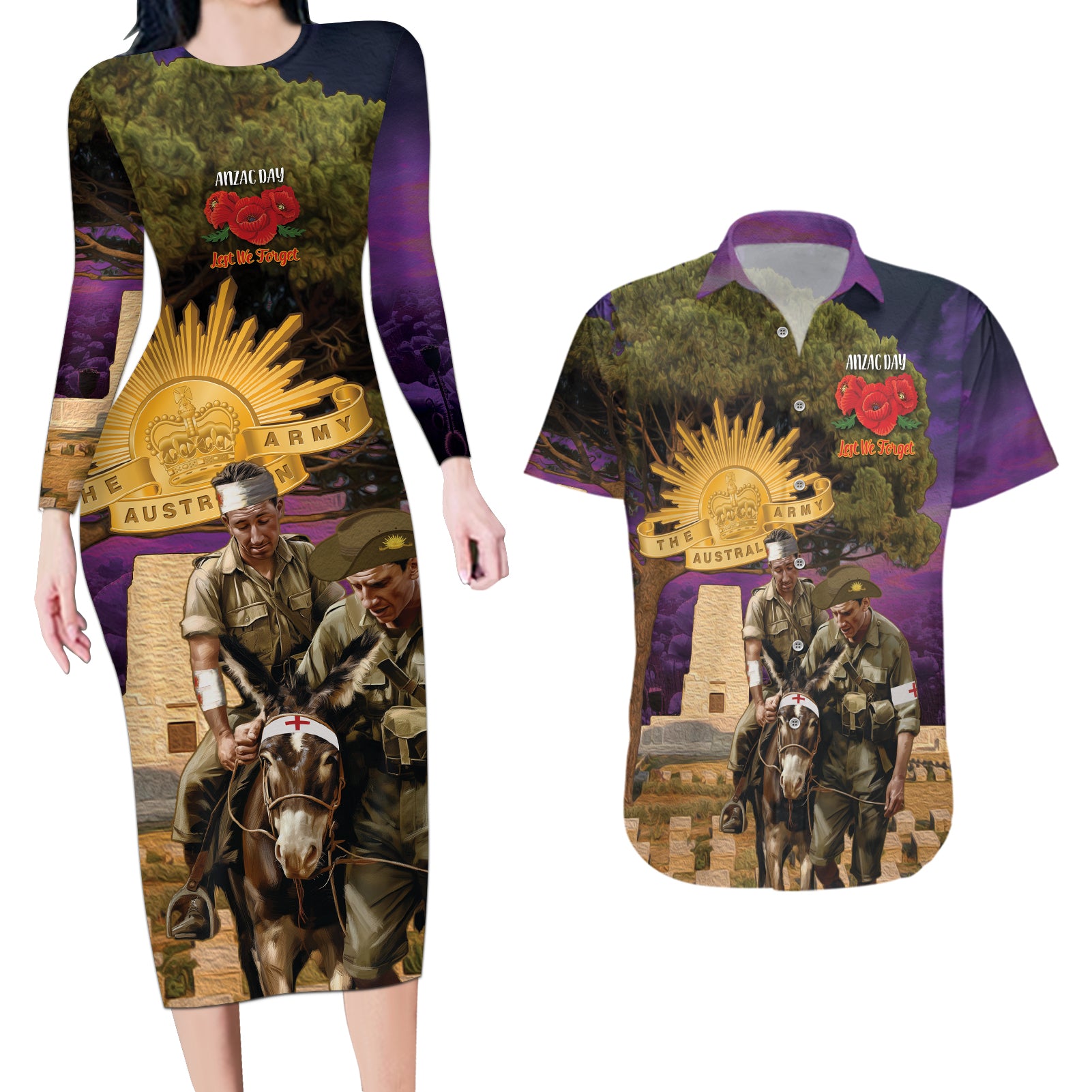 Australia ANZAC Day Couples Matching Long Sleeve Bodycon Dress and Hawaiian Shirt Lonesome Pine Australian Army With Donkey