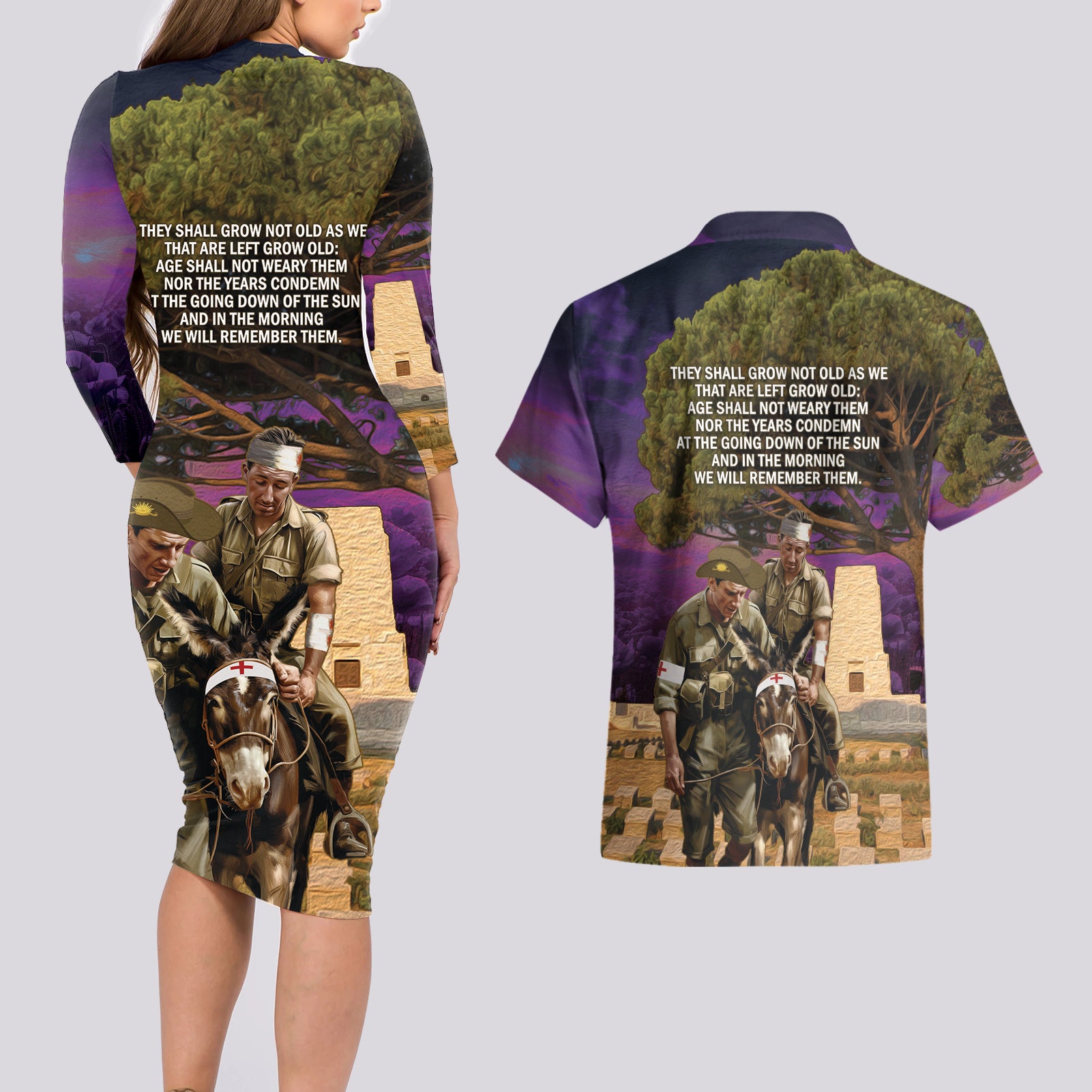 Australia ANZAC Day Couples Matching Long Sleeve Bodycon Dress and Hawaiian Shirt Lonesome Pine Australian Army With Donkey