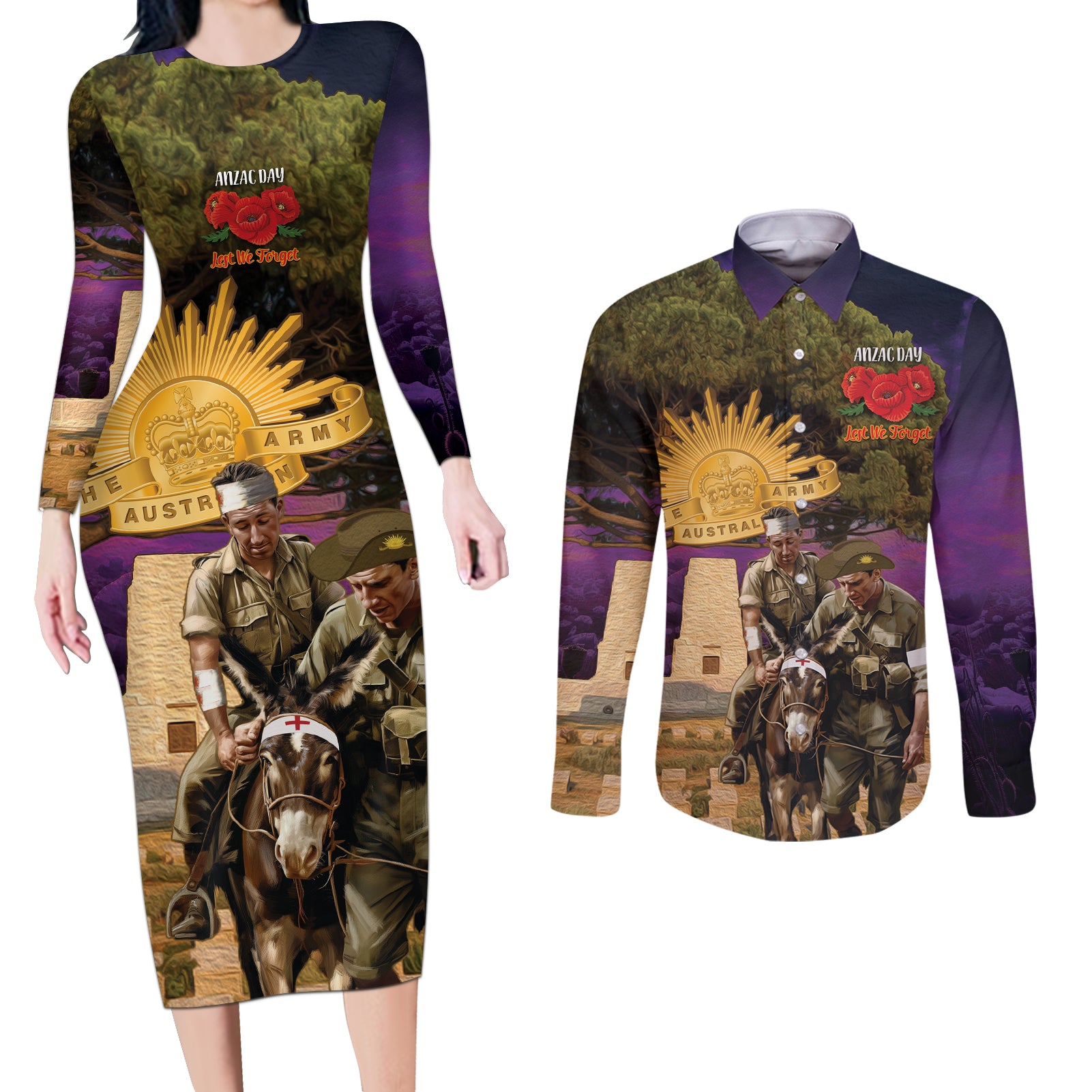 Australia ANZAC Day Couples Matching Long Sleeve Bodycon Dress and Long Sleeve Button Shirt Lonesome Pine Australian Army With Donkey