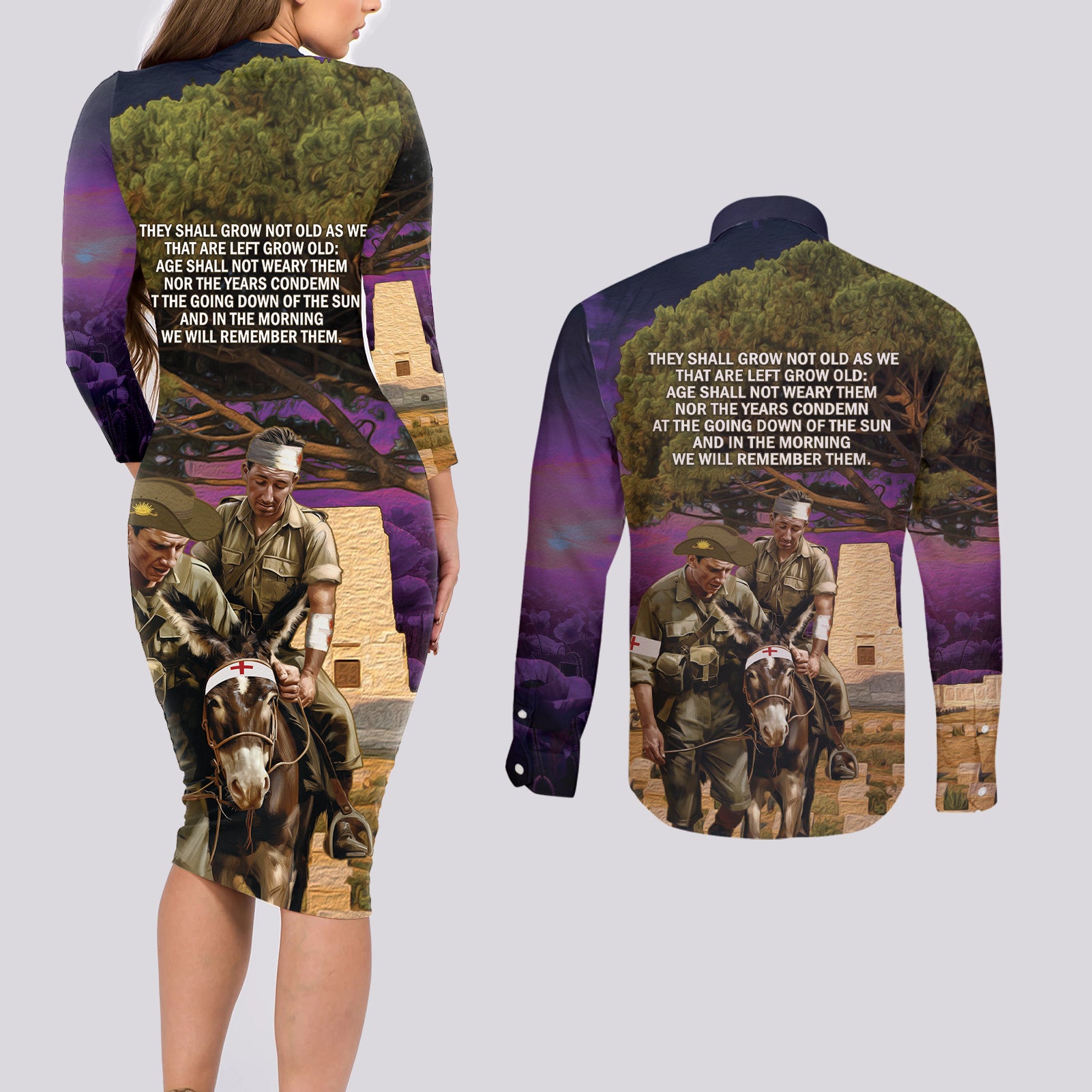Australia ANZAC Day Couples Matching Long Sleeve Bodycon Dress and Long Sleeve Button Shirt Lonesome Pine Australian Army With Donkey
