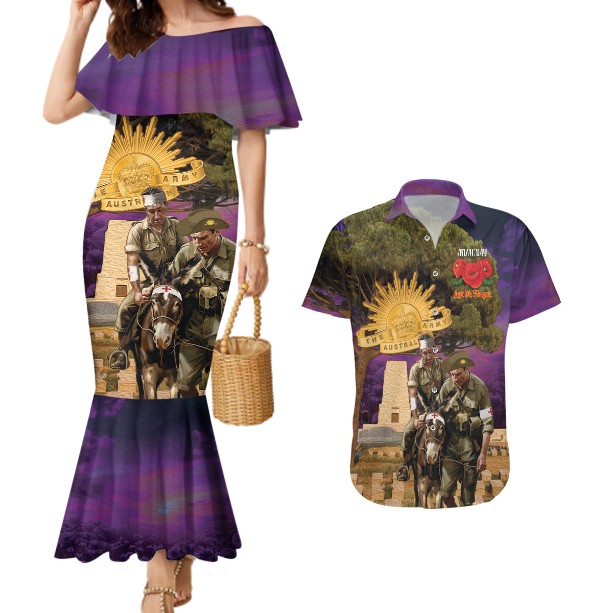 Australia ANZAC Day Couples Matching Mermaid Dress and Hawaiian Shirt Lonesome Pine Australian Army With Donkey