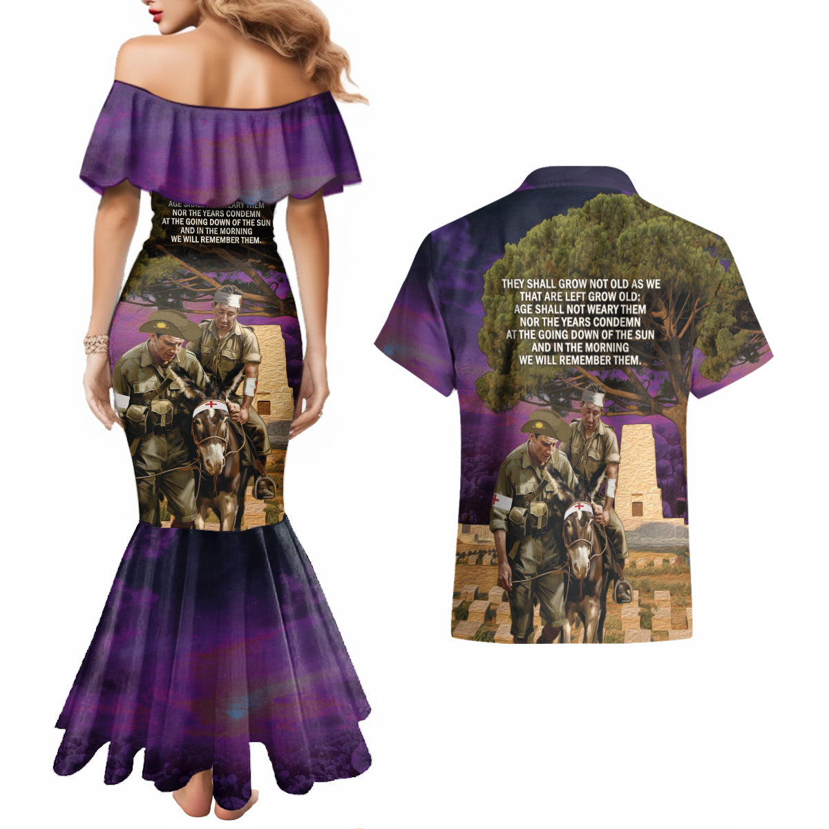 Australia ANZAC Day Couples Matching Mermaid Dress and Hawaiian Shirt Lonesome Pine Australian Army With Donkey