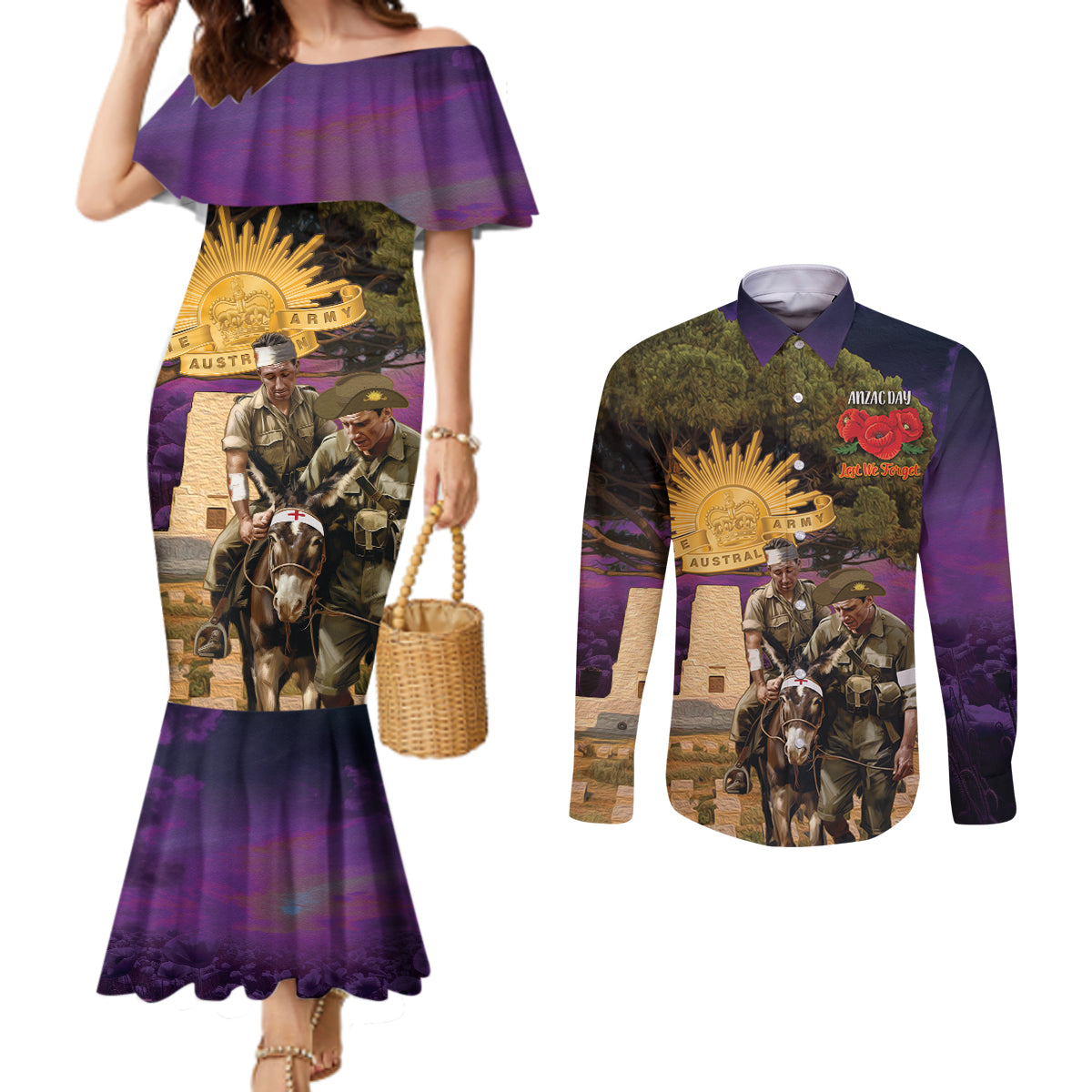 Australia ANZAC Day Couples Matching Mermaid Dress and Long Sleeve Button Shirt Lonesome Pine Australian Army With Donkey
