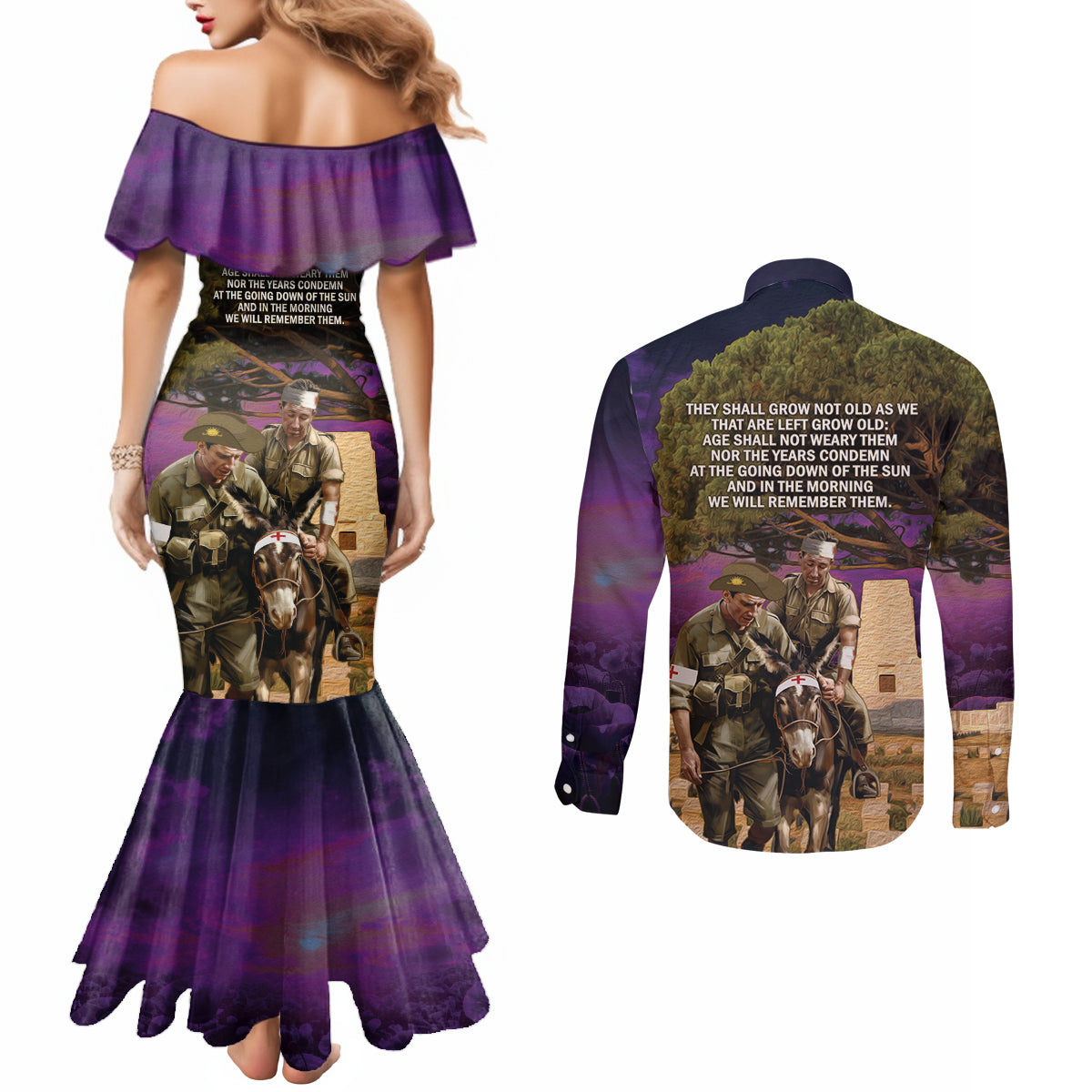 Australia ANZAC Day Couples Matching Mermaid Dress and Long Sleeve Button Shirt Lonesome Pine Australian Army With Donkey