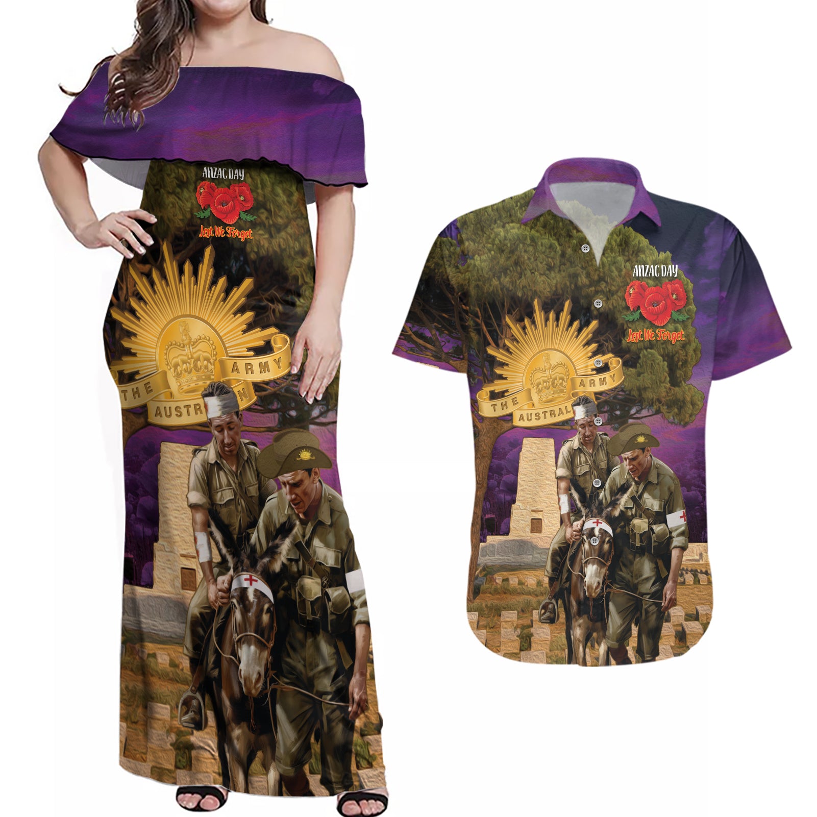 Australia ANZAC Day Couples Matching Off Shoulder Maxi Dress and Hawaiian Shirt Lonesome Pine Australian Army With Donkey