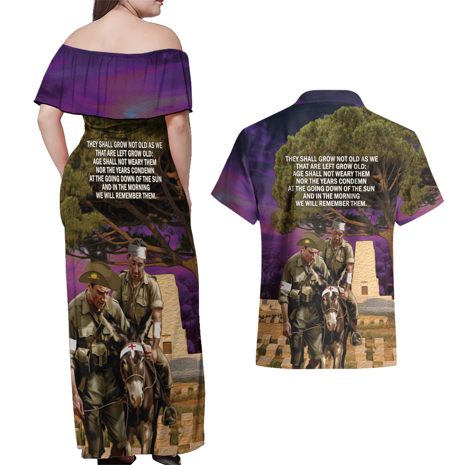 Australia ANZAC Day Couples Matching Off Shoulder Maxi Dress and Hawaiian Shirt Lonesome Pine Australian Army With Donkey