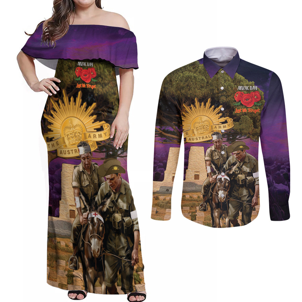 Australia ANZAC Day Couples Matching Off Shoulder Maxi Dress and Long Sleeve Button Shirt Lonesome Pine Australian Army With Donkey