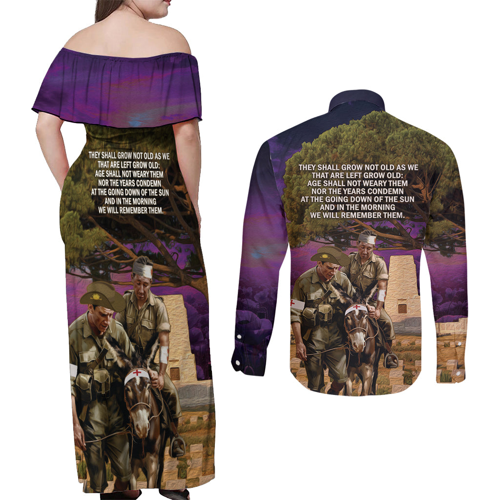 Australia ANZAC Day Couples Matching Off Shoulder Maxi Dress and Long Sleeve Button Shirt Lonesome Pine Australian Army With Donkey