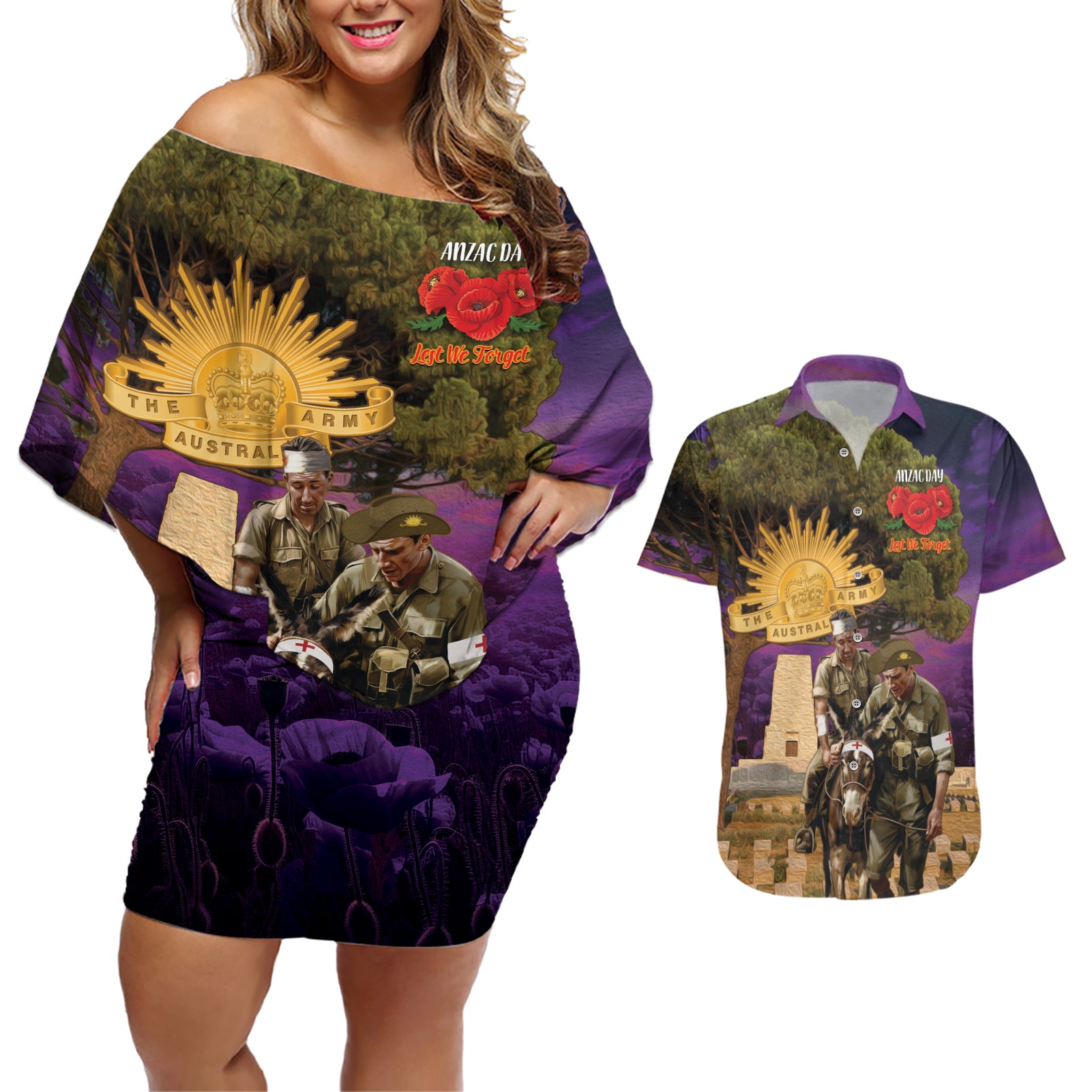 Australia ANZAC Day Couples Matching Off Shoulder Short Dress and Hawaiian Shirt Lonesome Pine Australian Army With Donkey