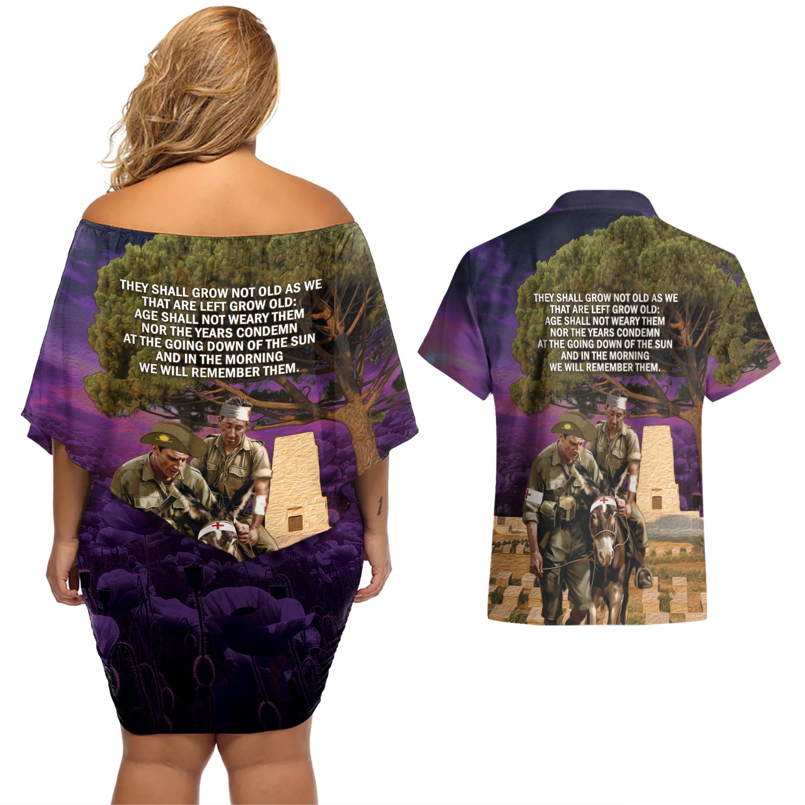 Australia ANZAC Day Couples Matching Off Shoulder Short Dress and Hawaiian Shirt Lonesome Pine Australian Army With Donkey