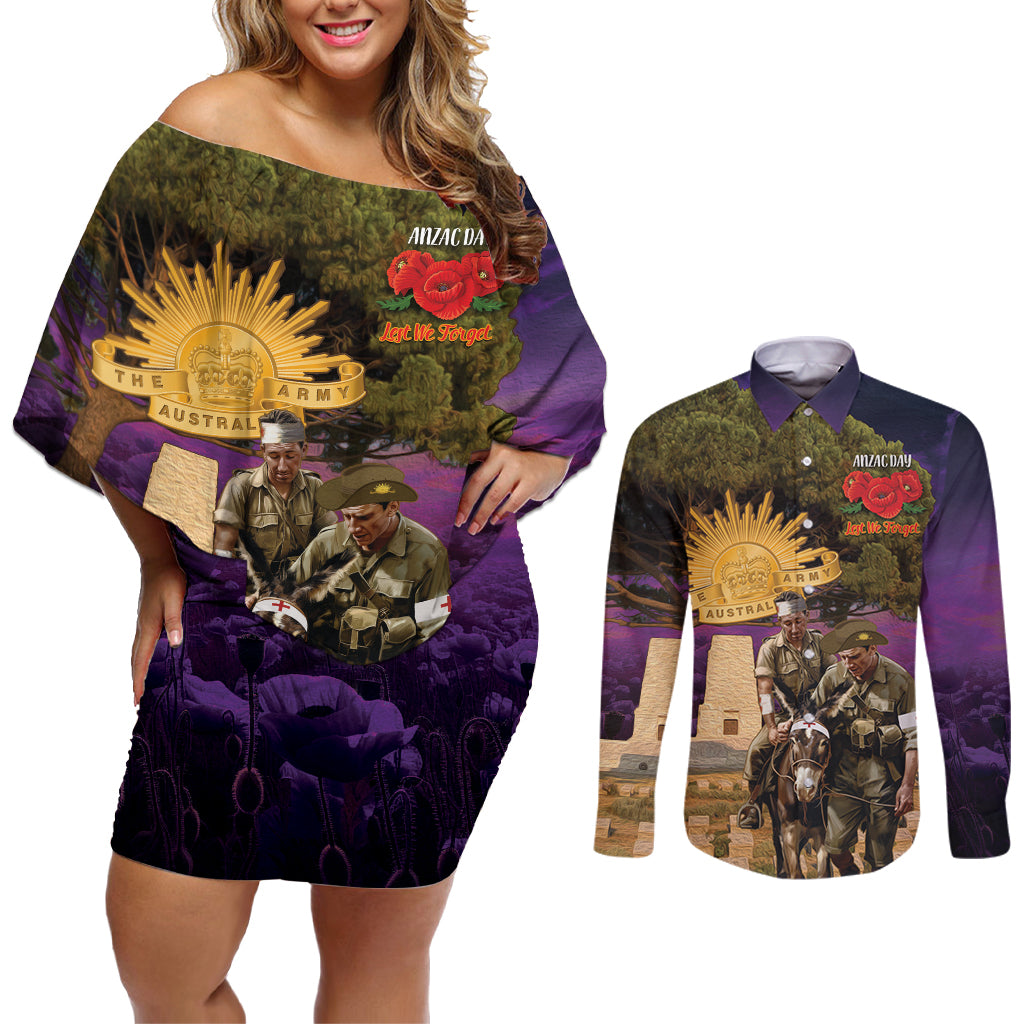 Australia ANZAC Day Couples Matching Off Shoulder Short Dress and Long Sleeve Button Shirt Lonesome Pine Australian Army With Donkey