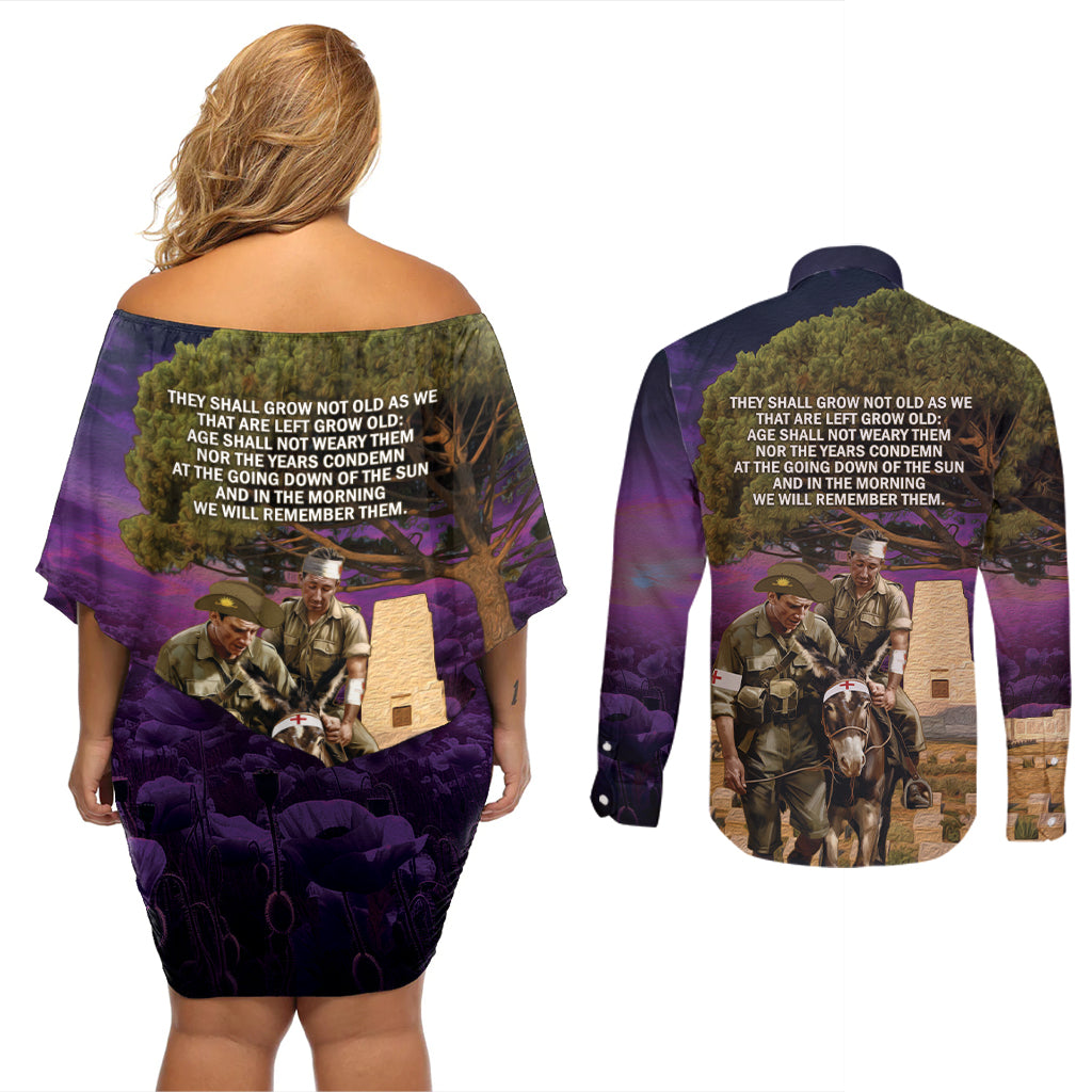 Australia ANZAC Day Couples Matching Off Shoulder Short Dress and Long Sleeve Button Shirt Lonesome Pine Australian Army With Donkey