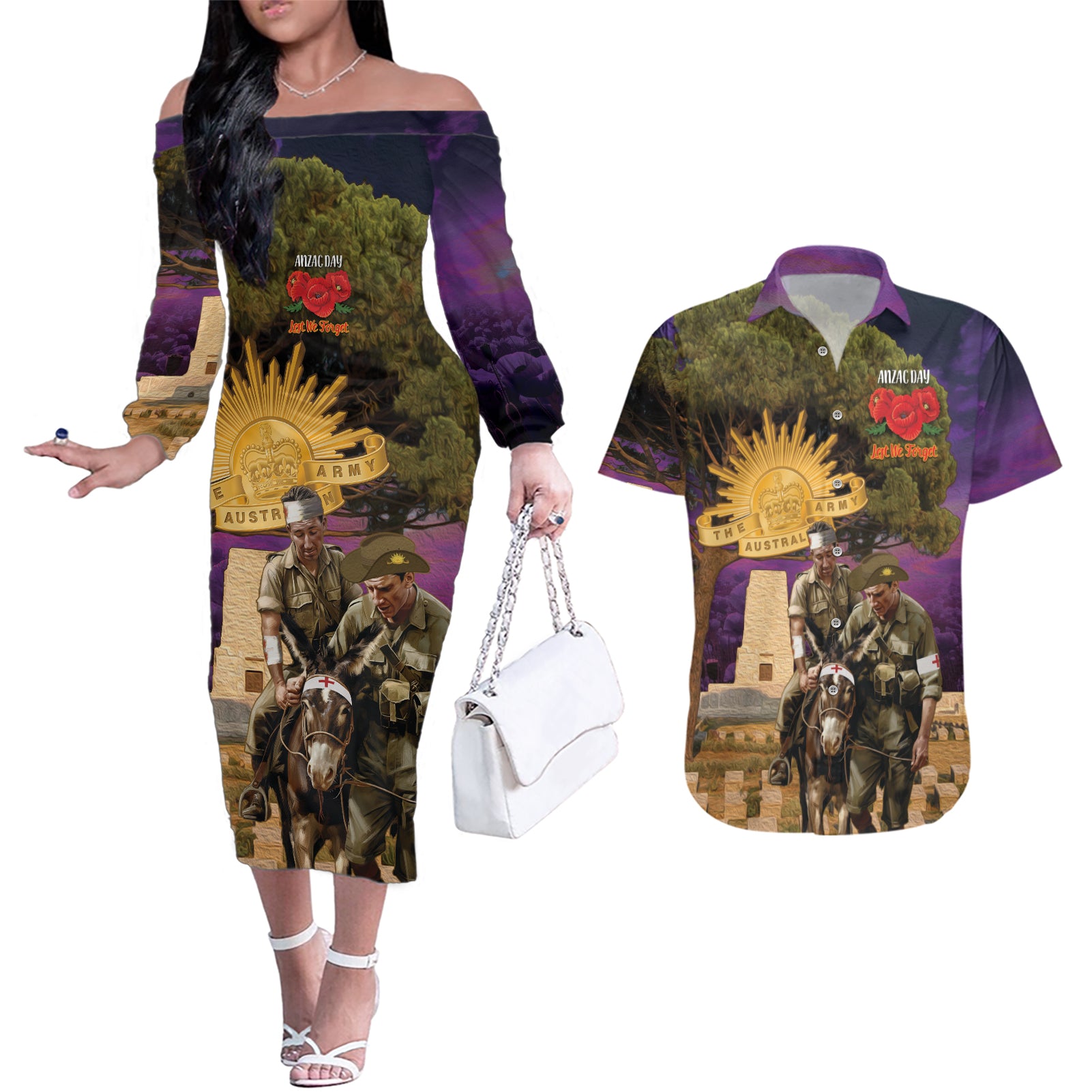 Australia ANZAC Day Couples Matching Off The Shoulder Long Sleeve Dress and Hawaiian Shirt Lonesome Pine Australian Army With Donkey