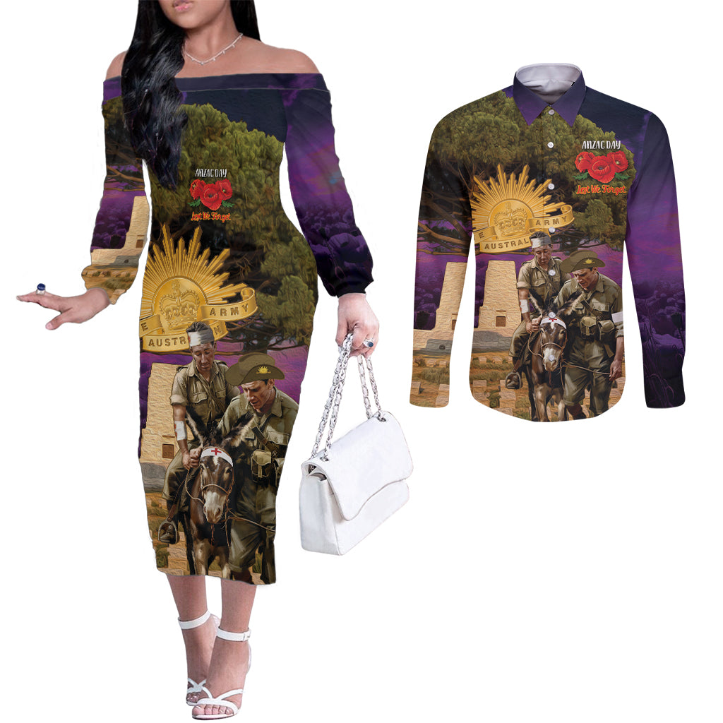 Australia ANZAC Day Couples Matching Off The Shoulder Long Sleeve Dress and Long Sleeve Button Shirt Lonesome Pine Australian Army With Donkey