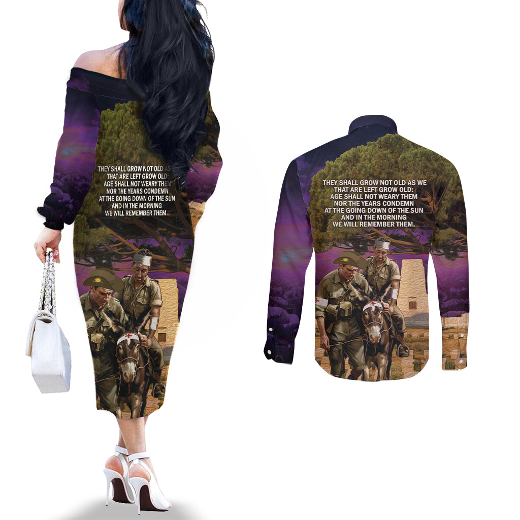 Australia ANZAC Day Couples Matching Off The Shoulder Long Sleeve Dress and Long Sleeve Button Shirt Lonesome Pine Australian Army With Donkey
