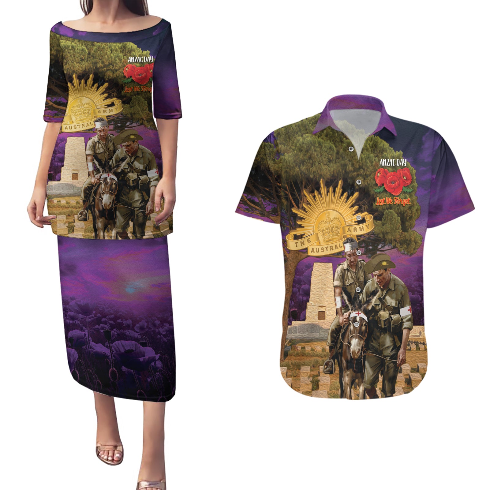 Australia ANZAC Day Couples Matching Puletasi and Hawaiian Shirt Lonesome Pine Australian Army With Donkey